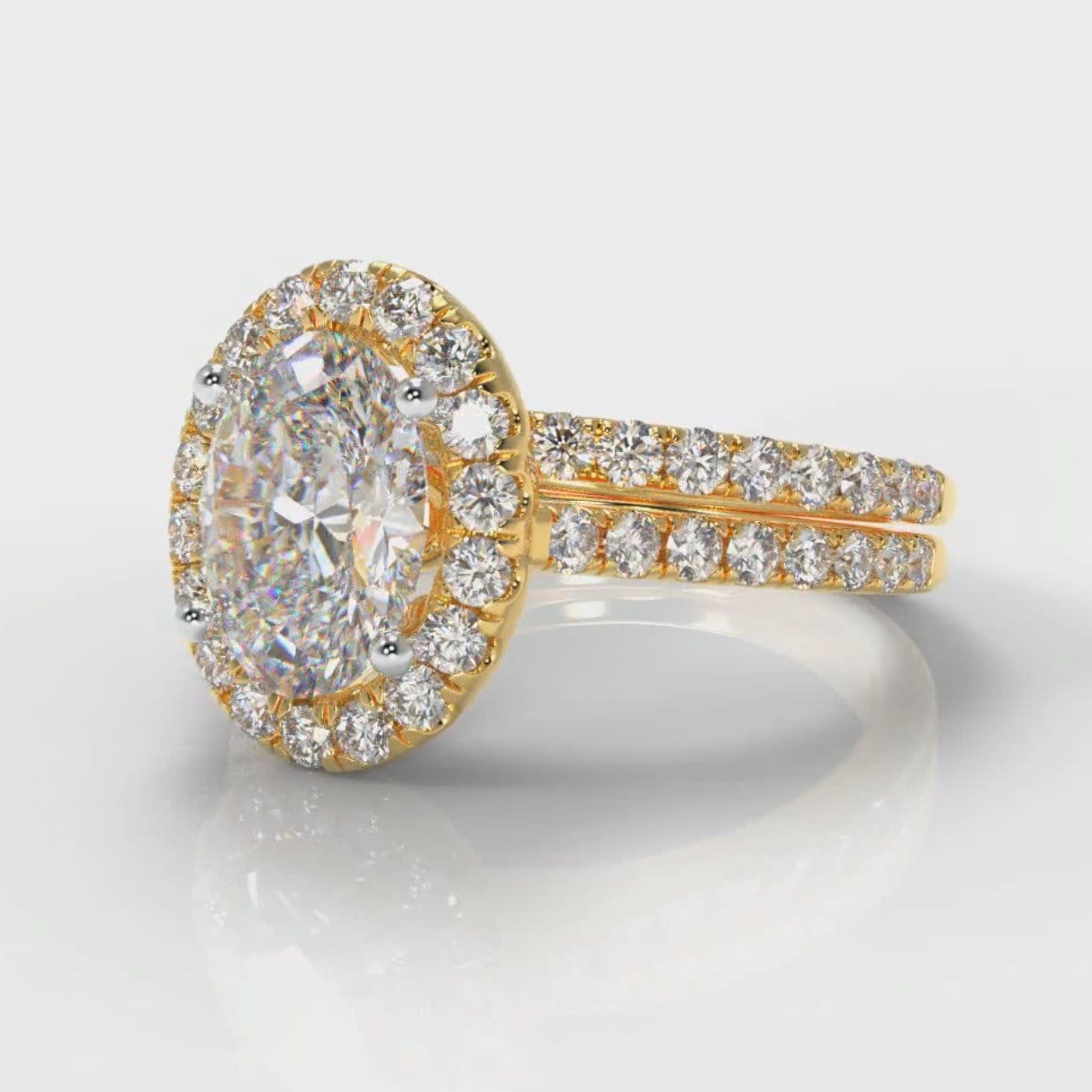 Petite Micropavé Oval Diamond Halo Bridal Set - Yellow Gold