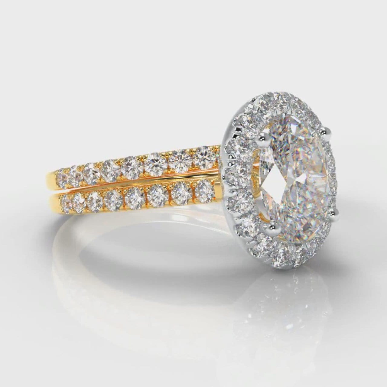 Petite Micropavé Oval Diamond Halo Bridal Set - Two Tone Yellow Gold