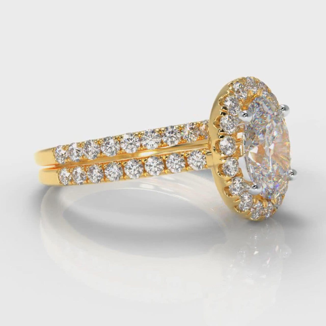 Petite Micropavé Oval Diamond Halo Bridal Set - Yellow Gold