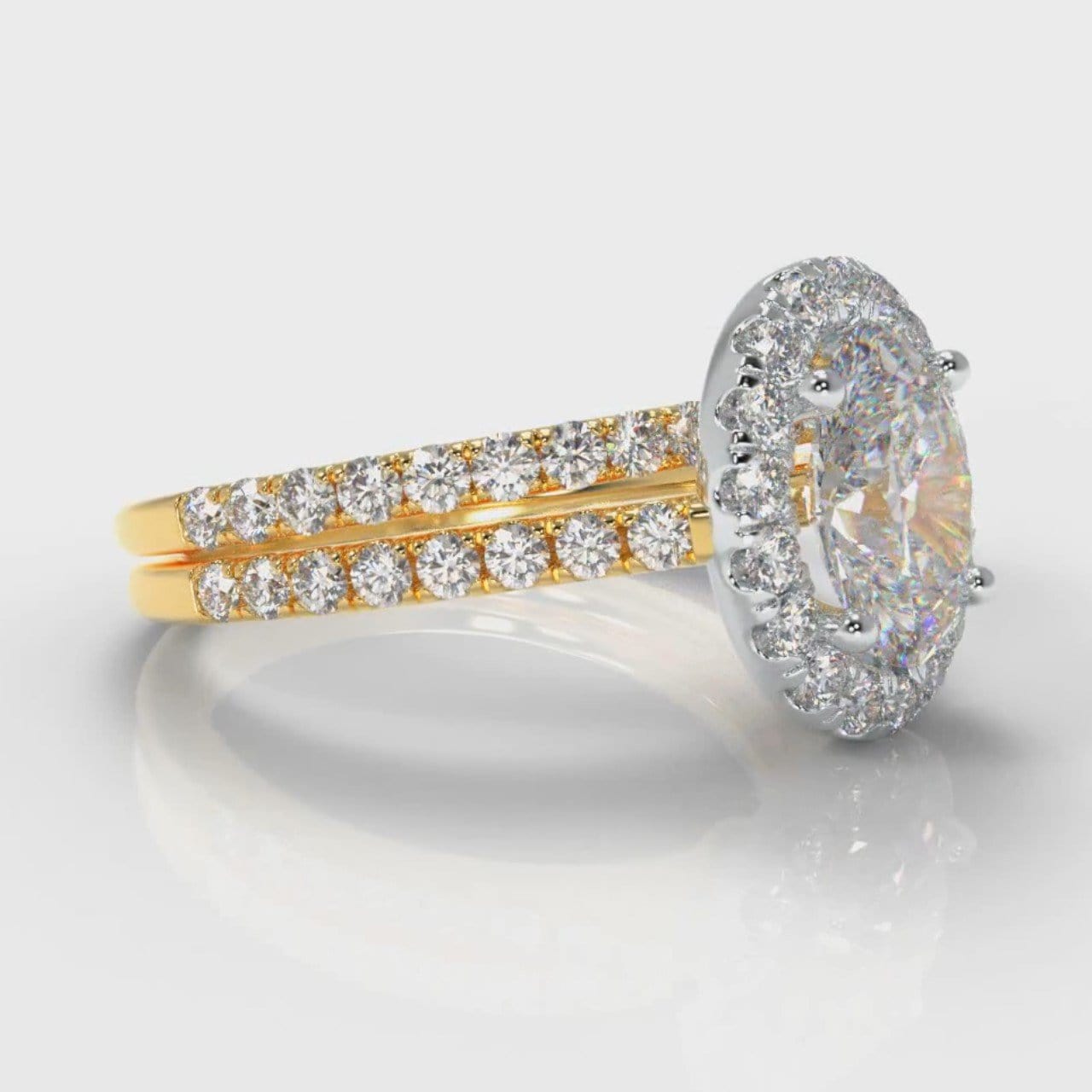 Petite Micropavé Oval Diamond Halo Bridal Set - Two Tone Yellow Gold