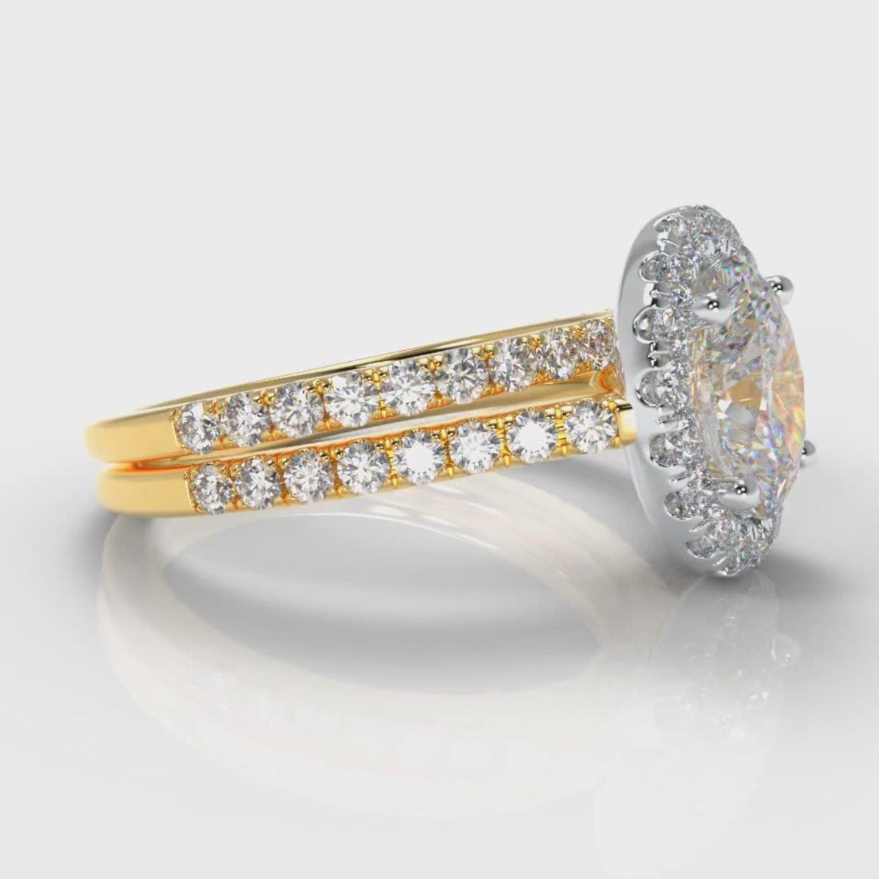 Petite Micropavé Oval Diamond Halo Bridal Set - Two Tone Yellow Gold