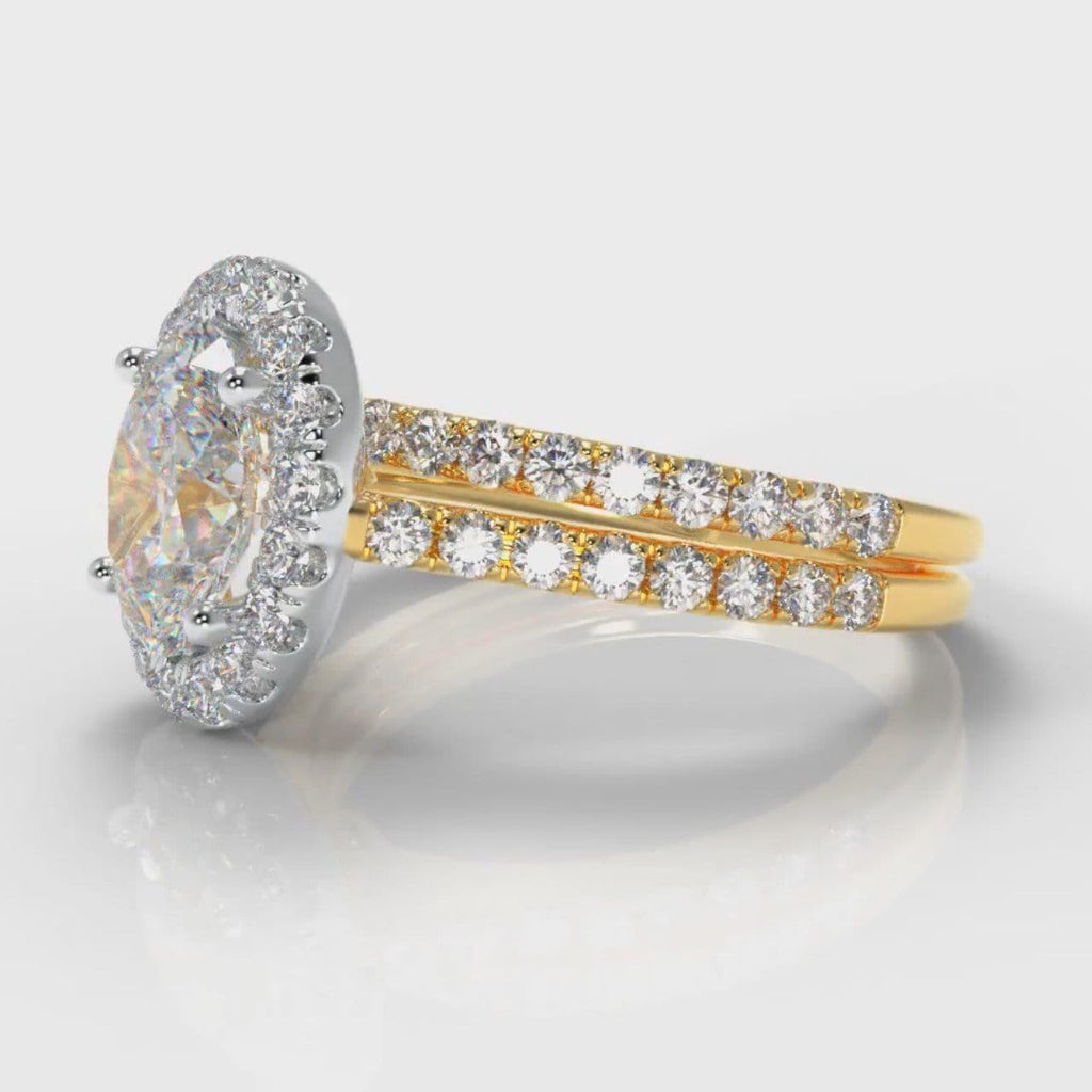 Petite Micropavé Oval Diamond Halo Bridal Set - Two Tone Yellow Gold
