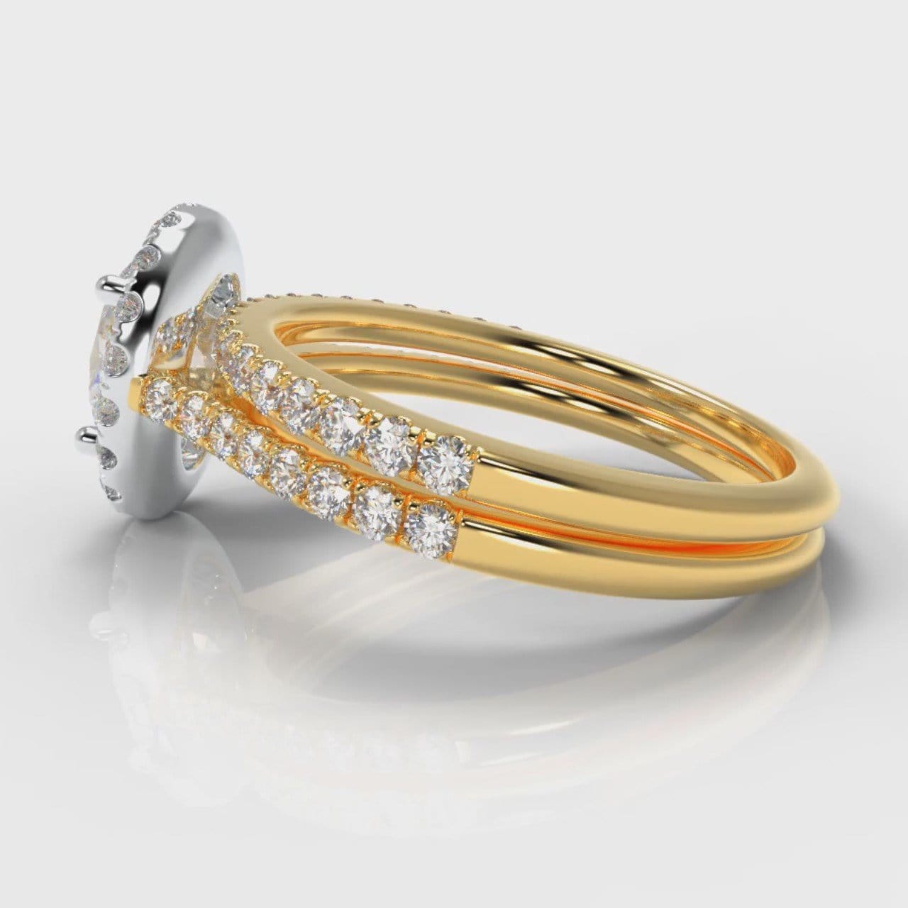 Petite Micropavé Oval Diamond Halo Bridal Set - Two Tone Yellow Gold