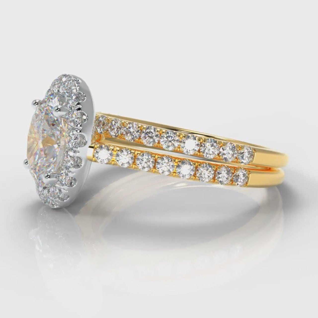 Petite Micropavé Oval Diamond Halo Bridal Set - Two Tone Yellow Gold