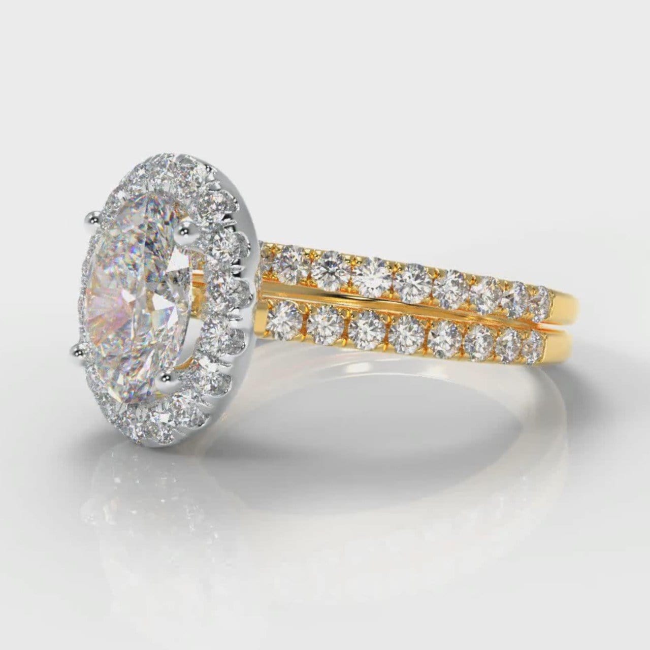 Petite Micropavé Oval Diamond Halo Bridal Set - Two Tone Yellow Gold