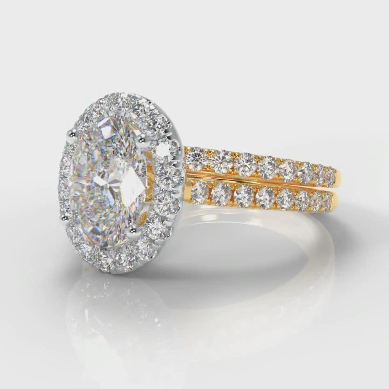 Petite Micropavé Oval Diamond Halo Bridal Set - Two Tone Yellow Gold