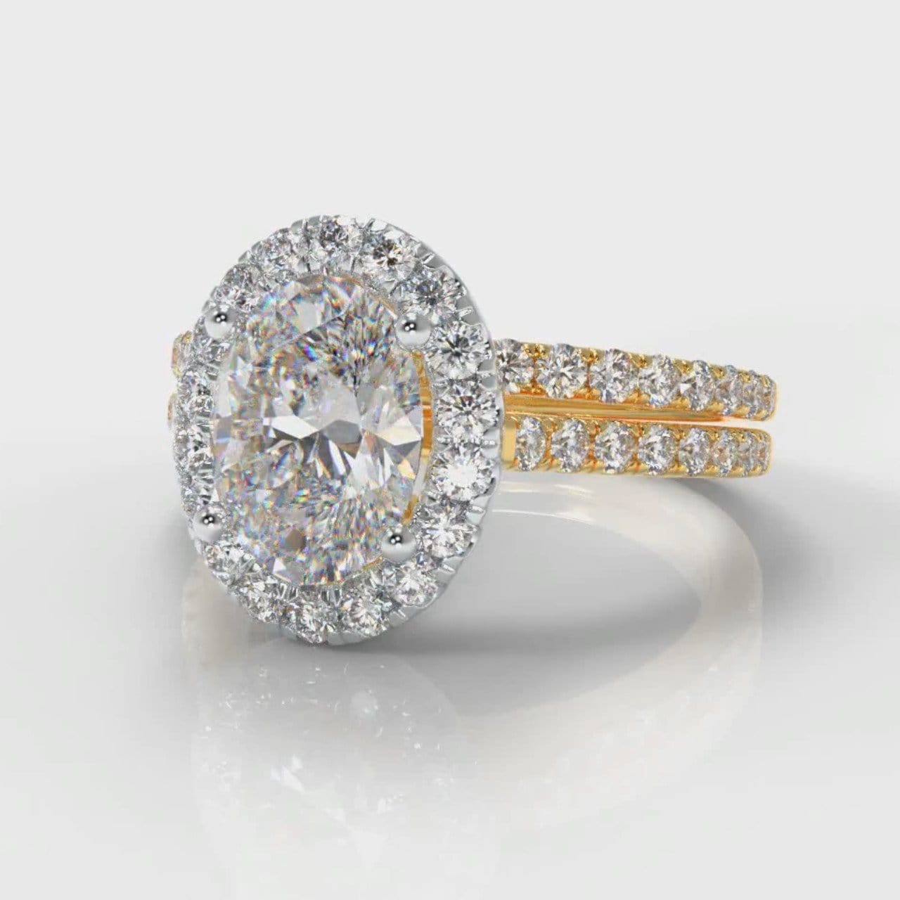 Petite Micropavé Oval Diamond Halo Bridal Set - Two Tone Yellow Gold