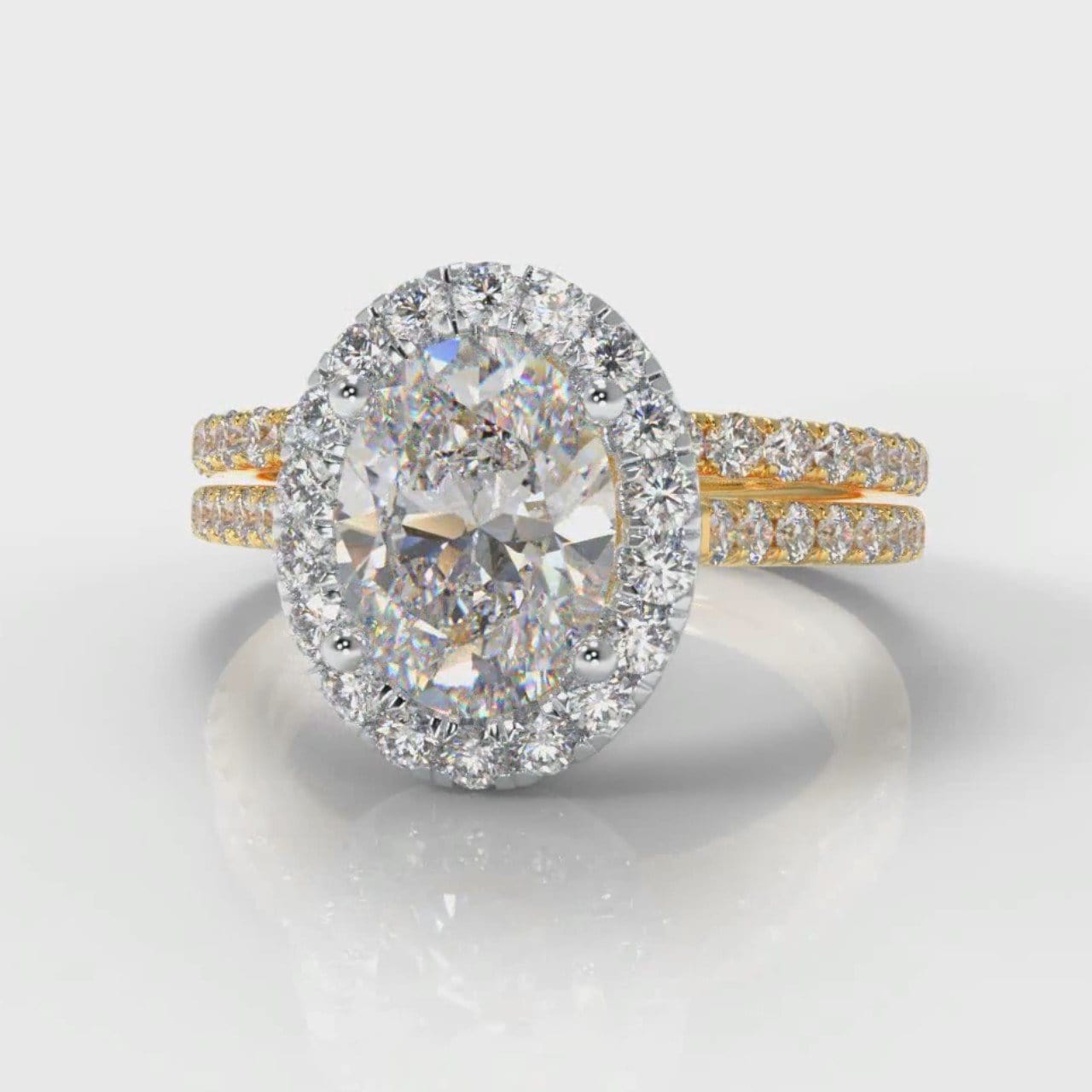 Petite Micropavé Oval Diamond Halo Bridal Set - Two Tone Yellow Gold