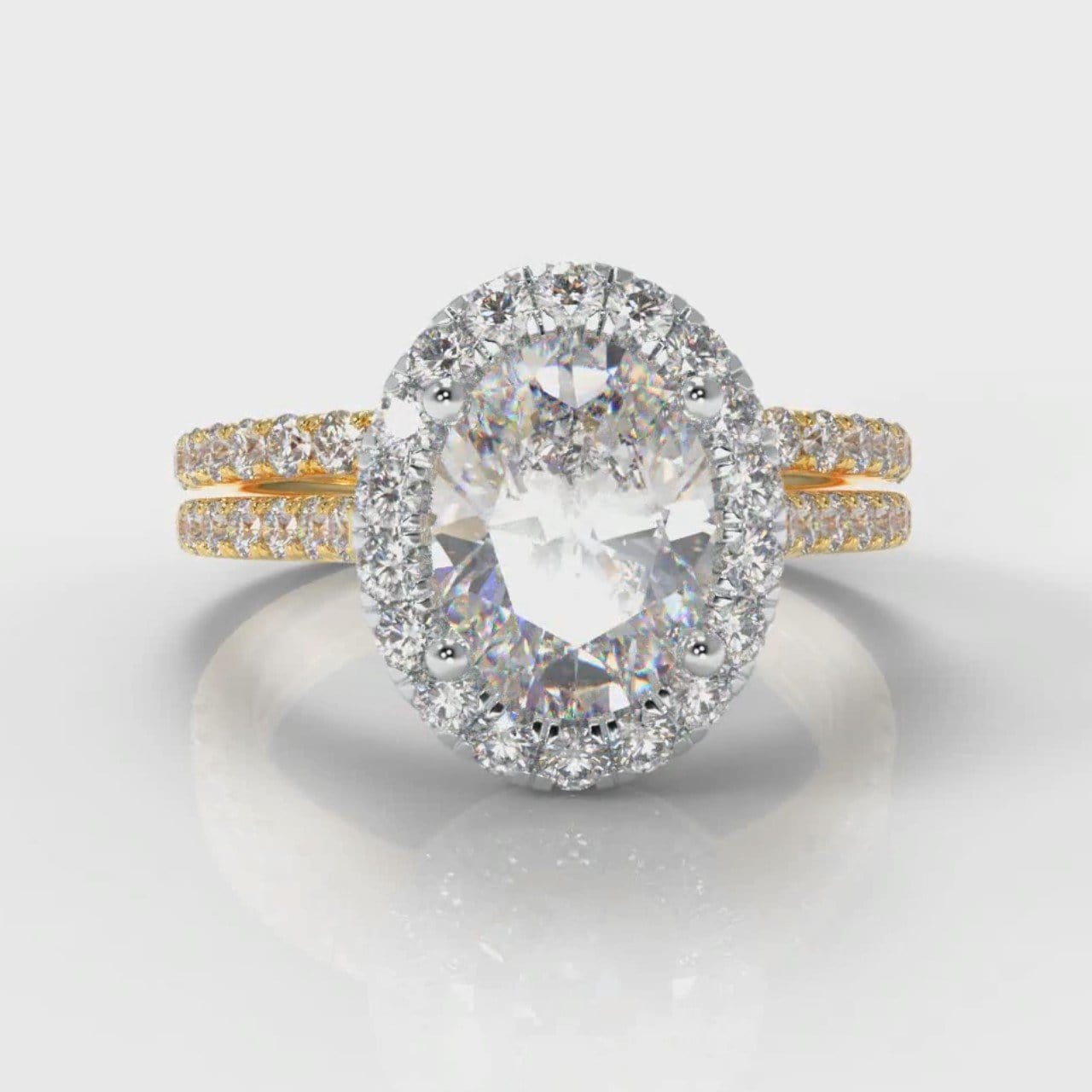 Petite Micropavé Oval Diamond Halo Bridal Set - Two Tone Yellow Gold