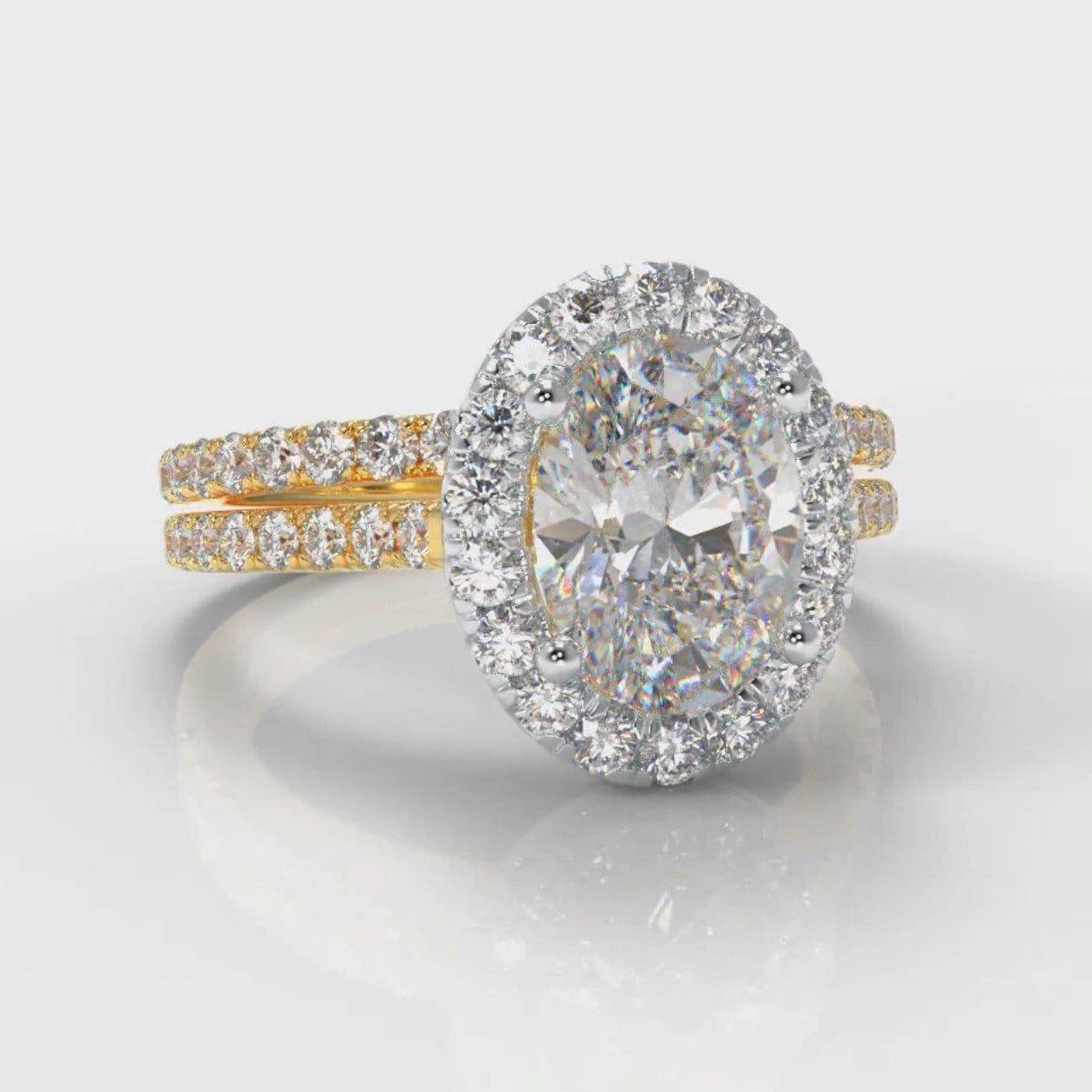 Petite Micropavé Oval Diamond Halo Bridal Set - Two Tone Yellow Gold