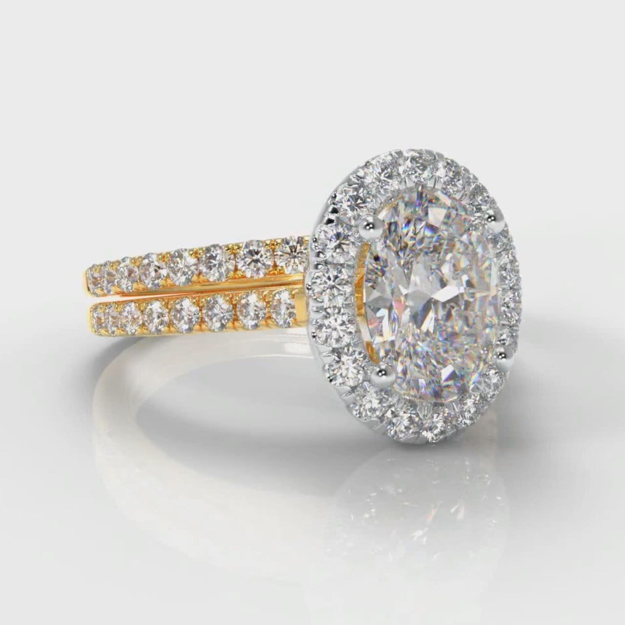 Petite Micropavé Oval Diamond Halo Bridal Set - Two Tone Yellow Gold