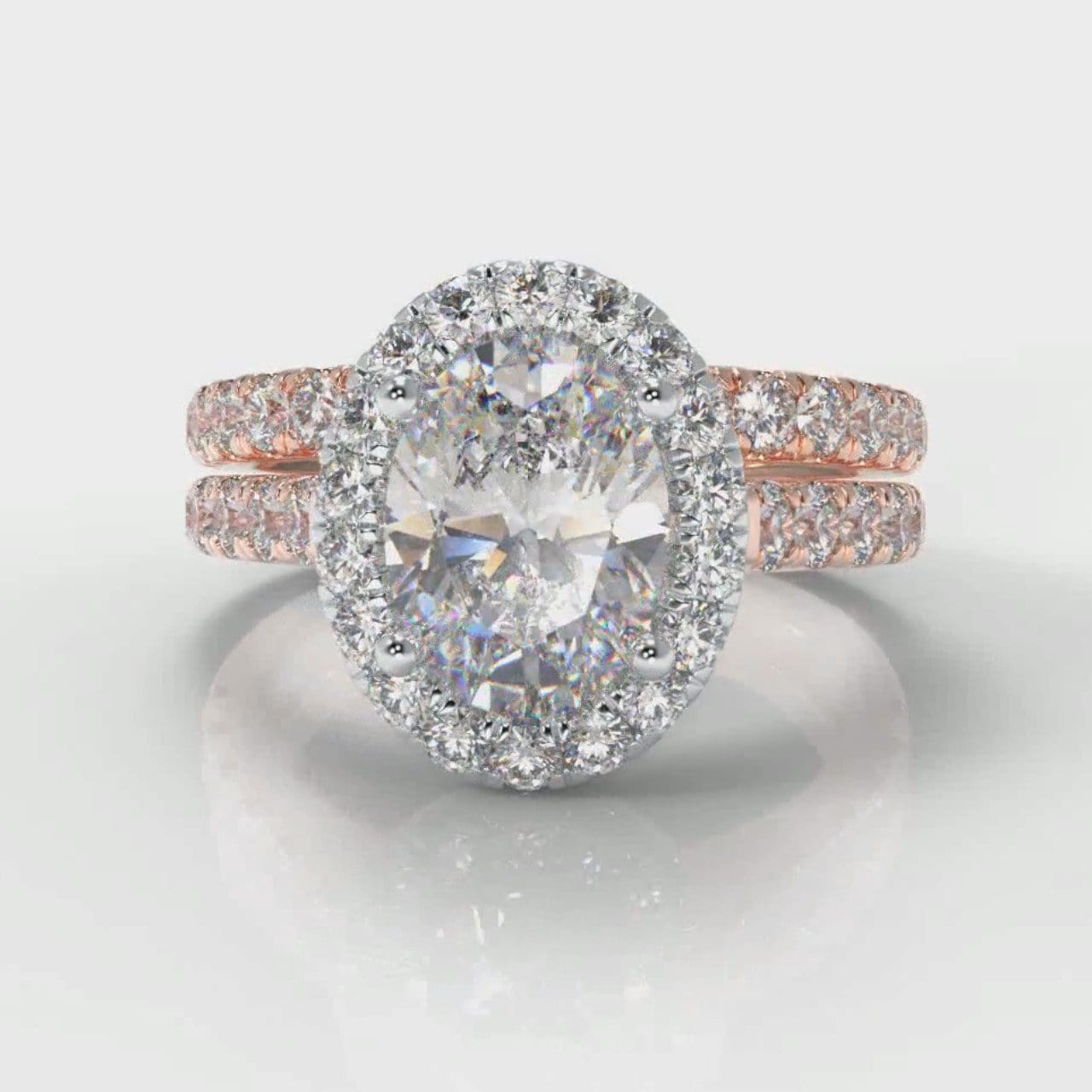 Micropavé Oval Diamond Halo Bridal Set - Two Tone Rose Gold