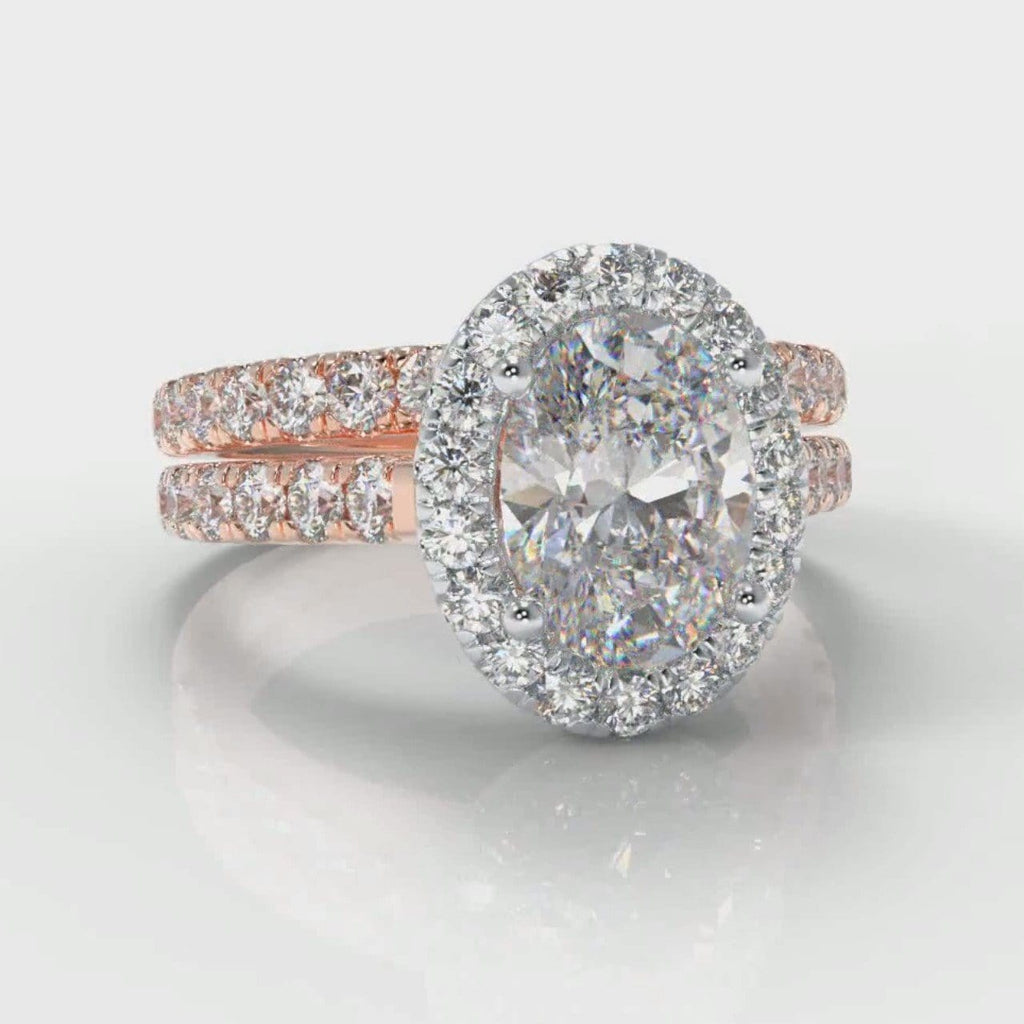 Micropavé Oval Diamond Halo Bridal Set - Two Tone Rose Gold
