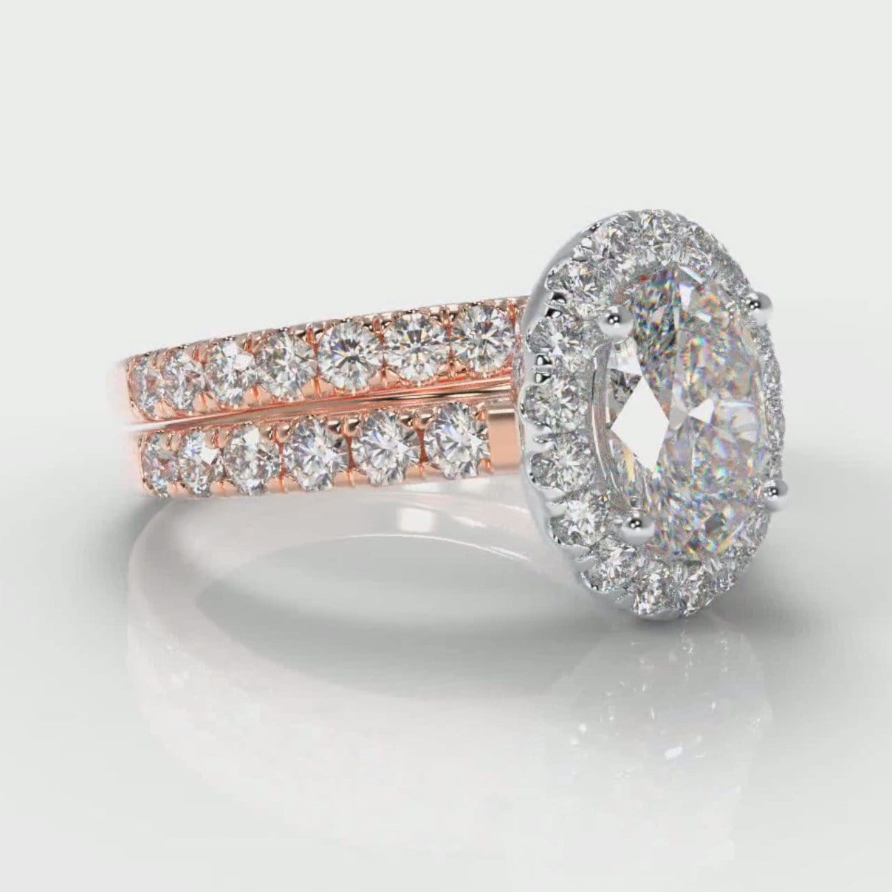 Micropavé Oval Diamond Halo Bridal Set - Two Tone Rose Gold