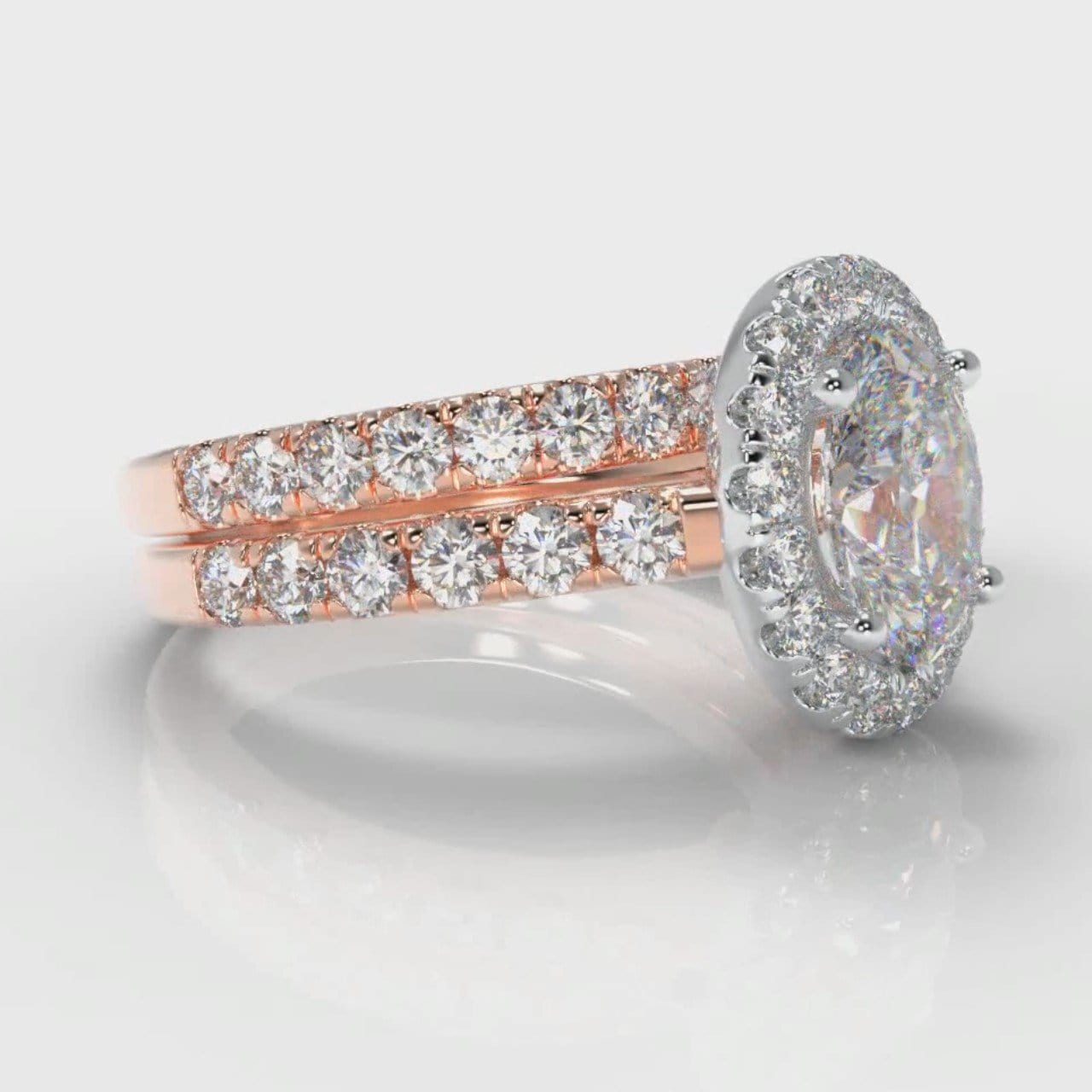 Micropavé Oval Diamond Halo Bridal Set - Two Tone Rose Gold