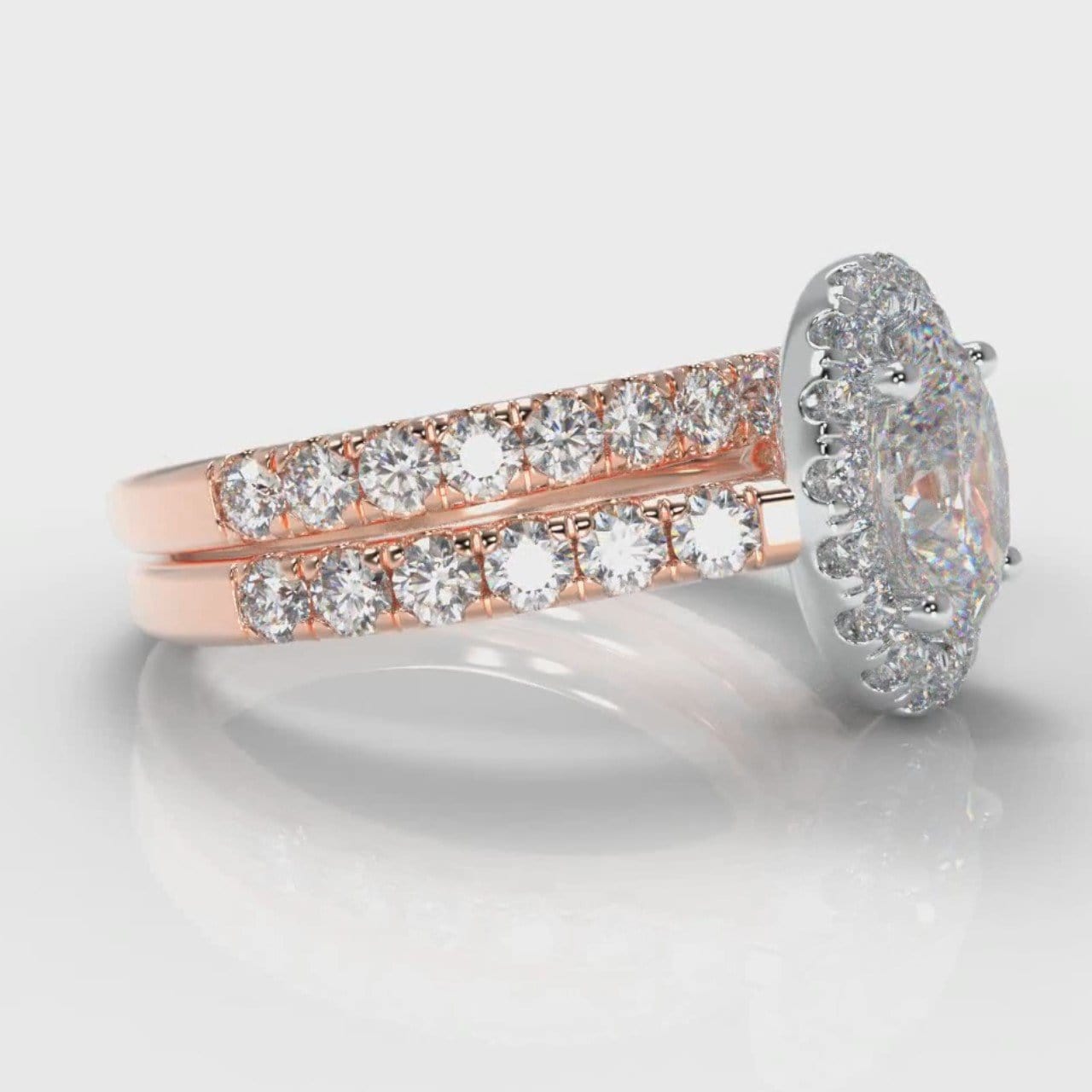 Micropavé Oval Diamond Halo Bridal Set - Two Tone Rose Gold