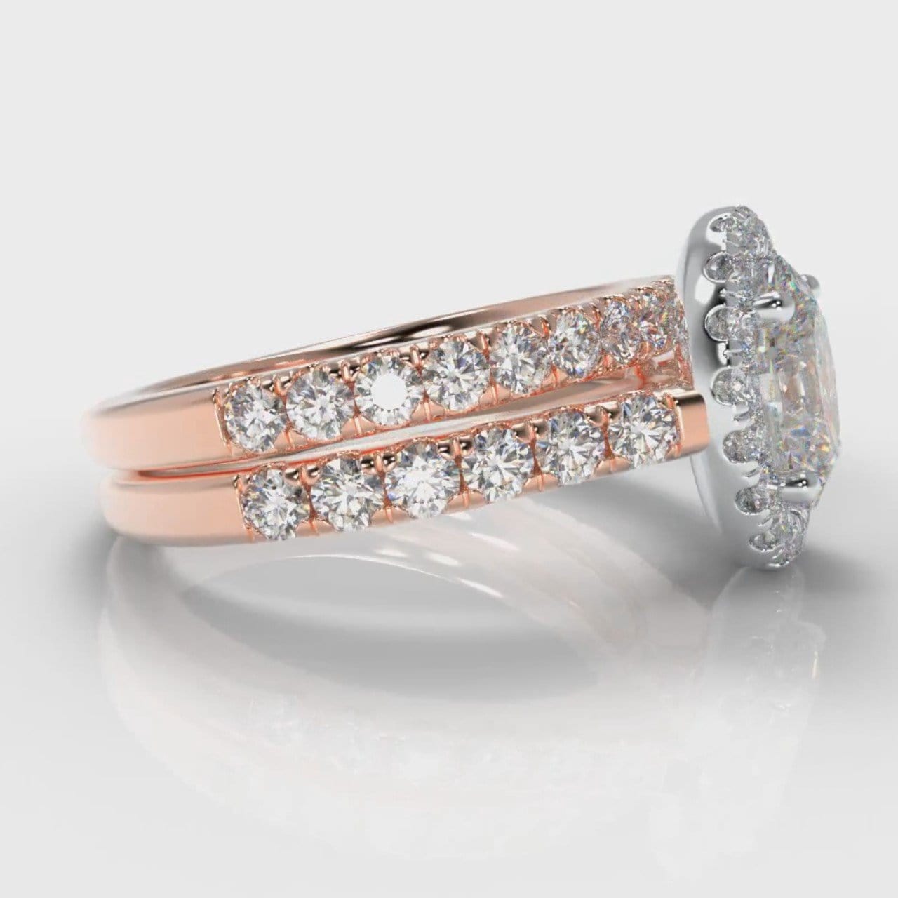 Micropavé Oval Diamond Halo Bridal Set - Two Tone Rose Gold