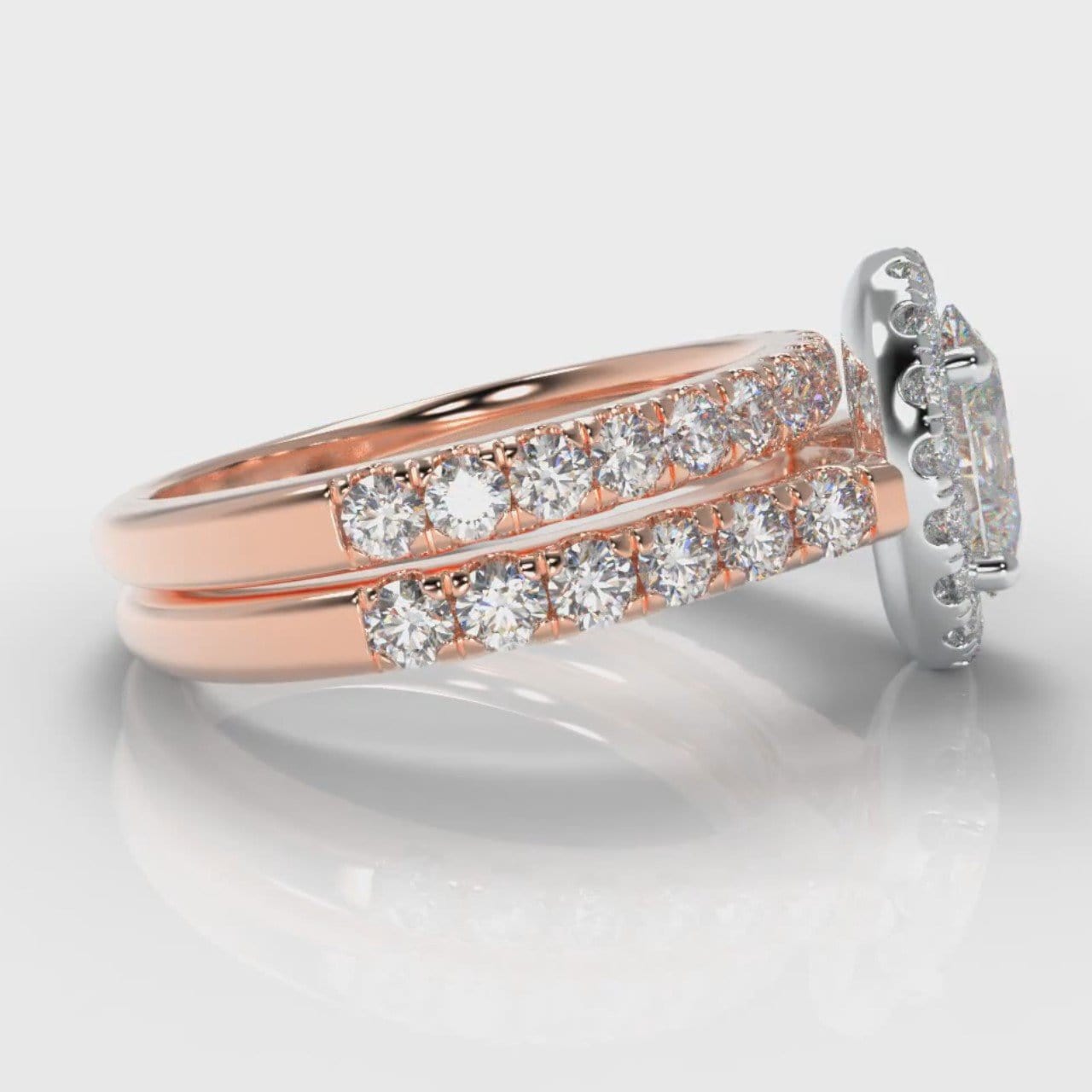 Micropavé Oval Diamond Halo Bridal Set - Two Tone Rose Gold