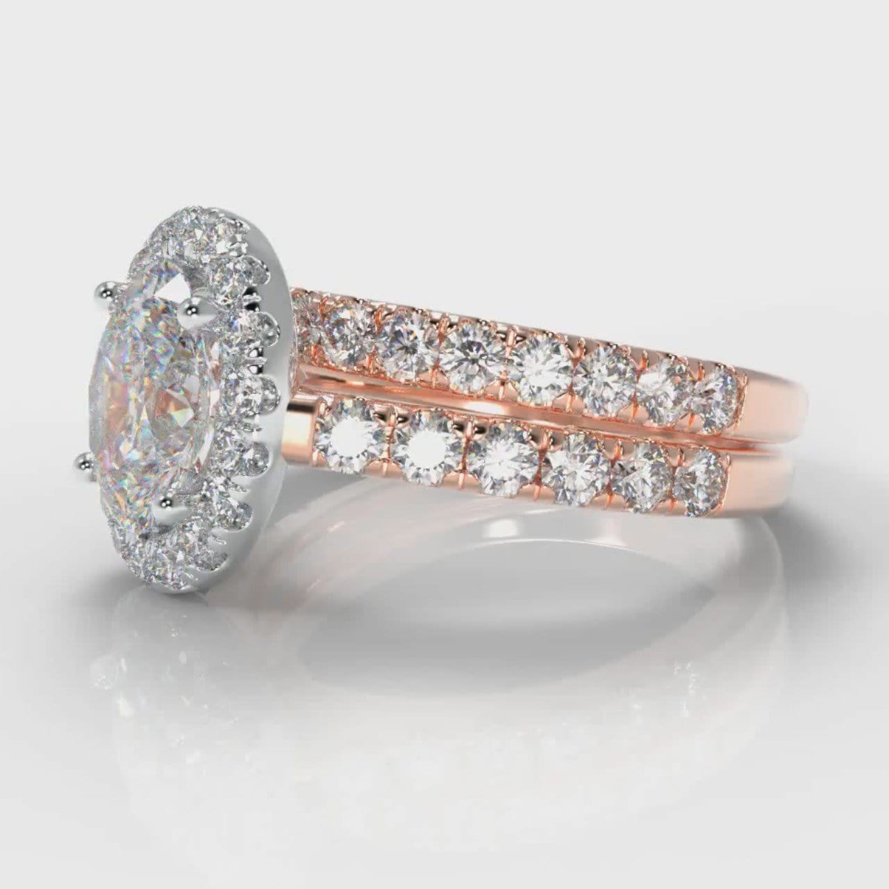 Micropavé Oval Diamond Halo Bridal Set - Two Tone Rose Gold