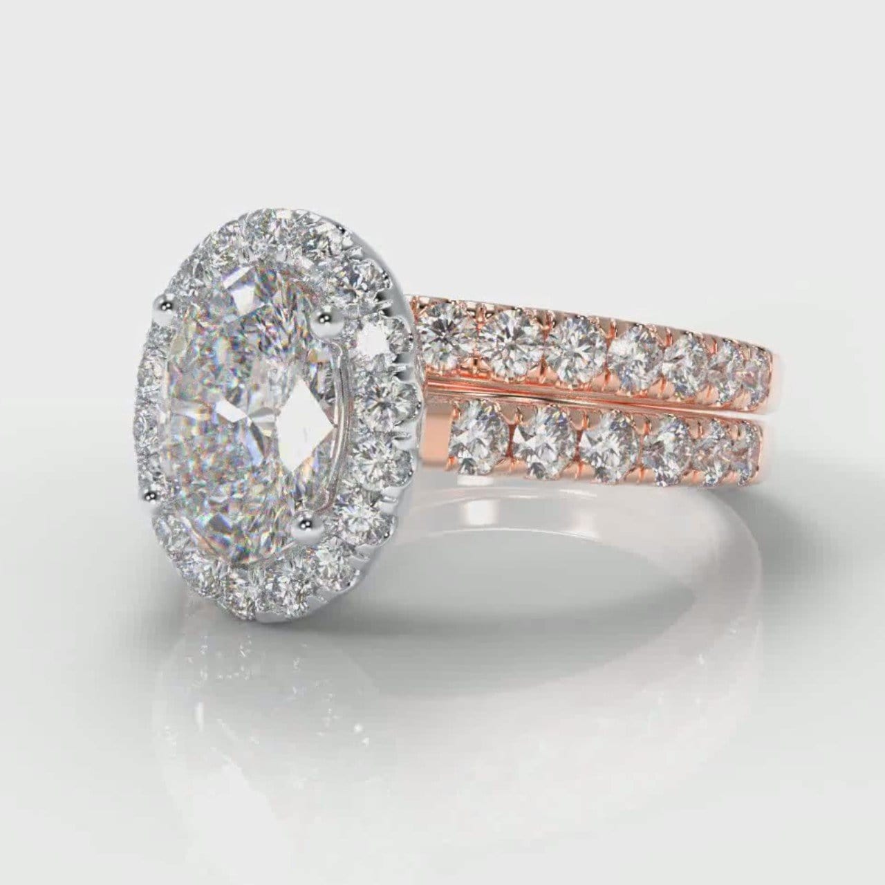 Micropavé Oval Diamond Halo Bridal Set - Two Tone Rose Gold