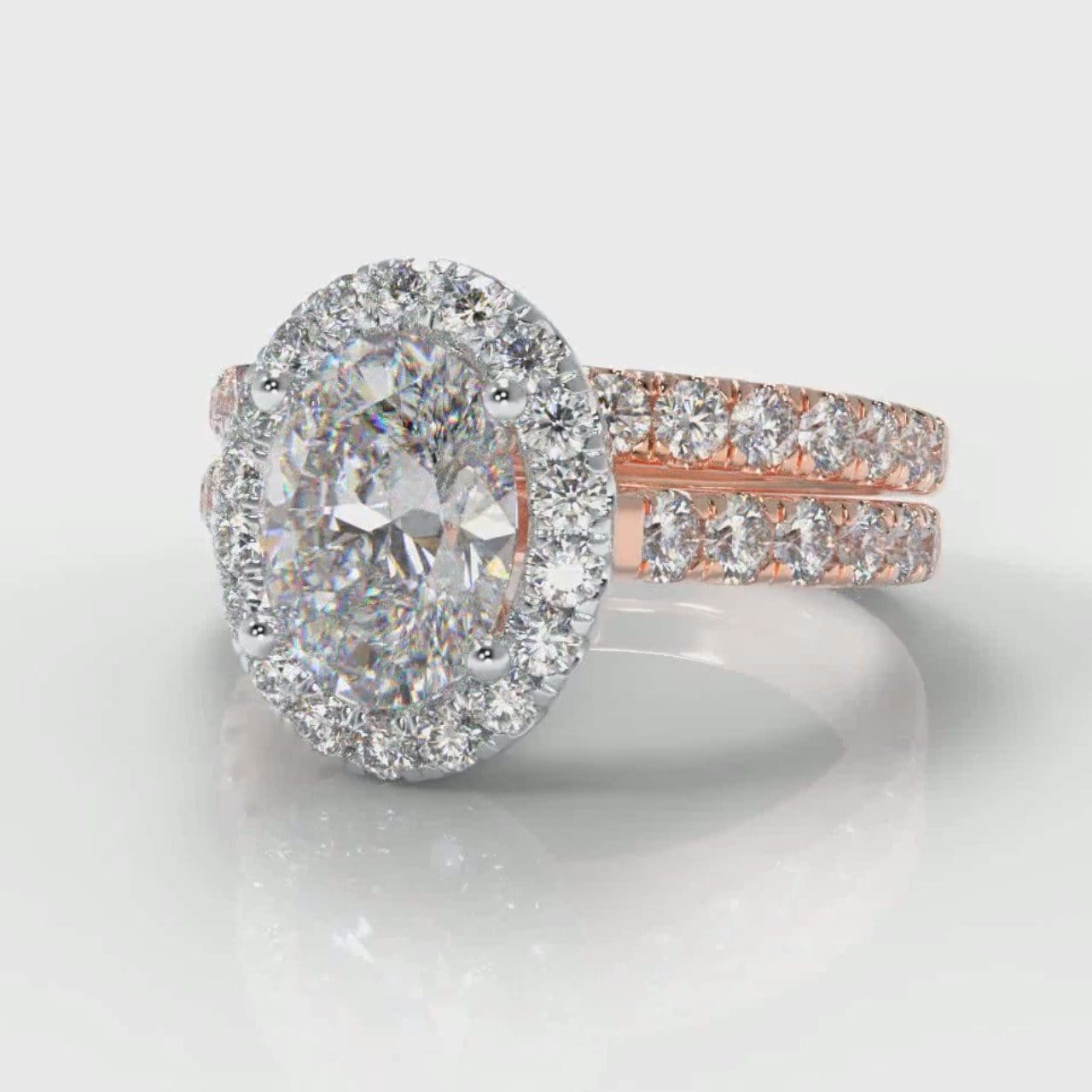 Micropavé Oval Diamond Halo Bridal Set - Two Tone Rose Gold