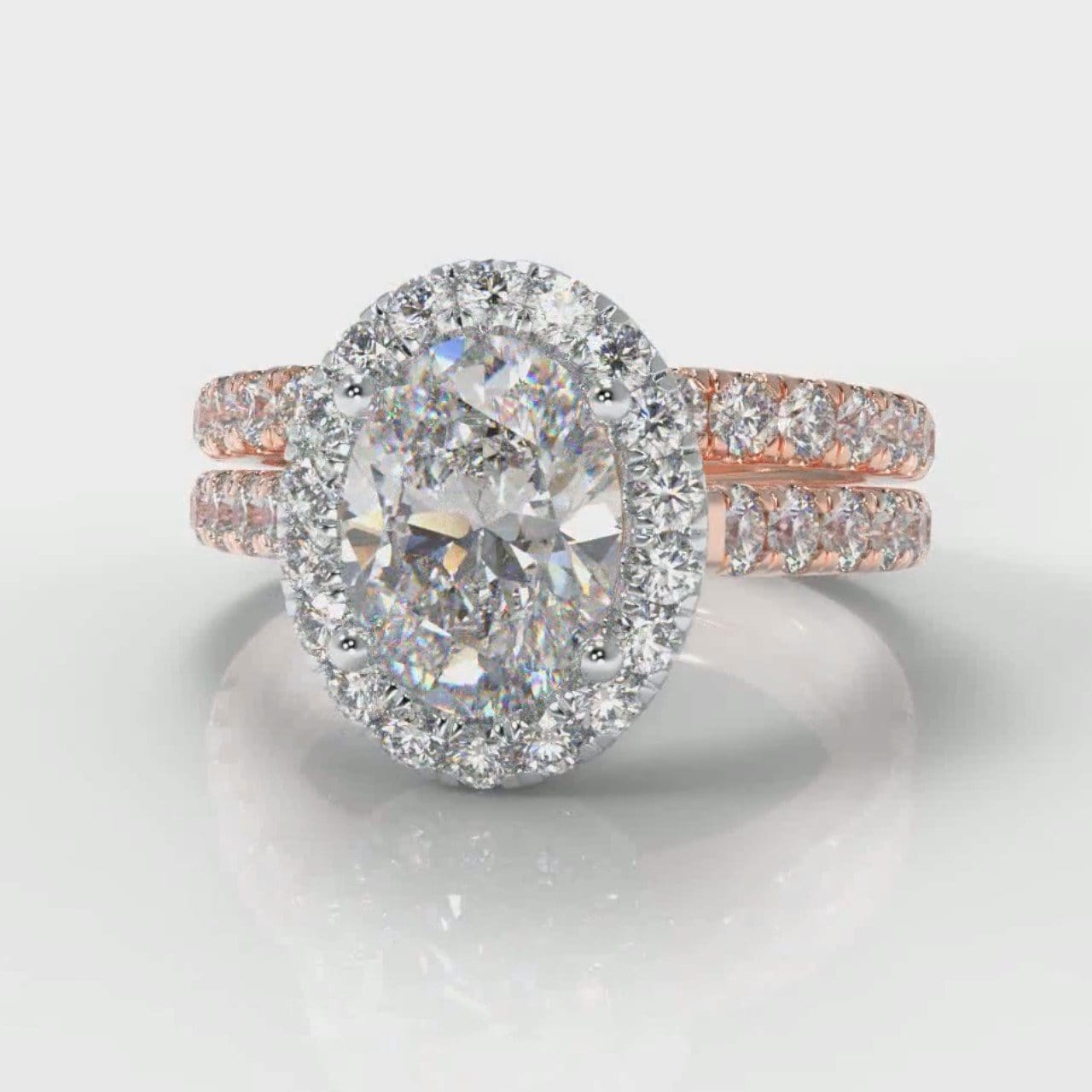 Micropavé Oval Diamond Halo Bridal Set - Two Tone Rose Gold