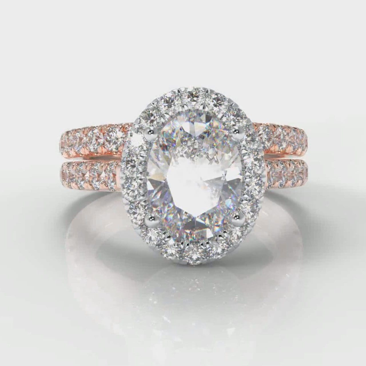 Micropavé Oval Diamond Halo Bridal Set - Two Tone Rose Gold