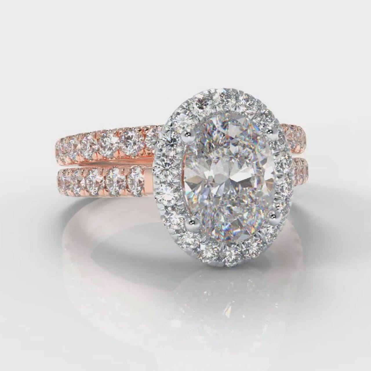 Micropavé Oval Diamond Halo Bridal Set - Two Tone Rose Gold