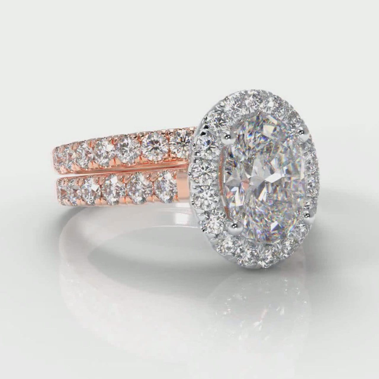 Micropavé Oval Diamond Halo Bridal Set - Two Tone Rose Gold