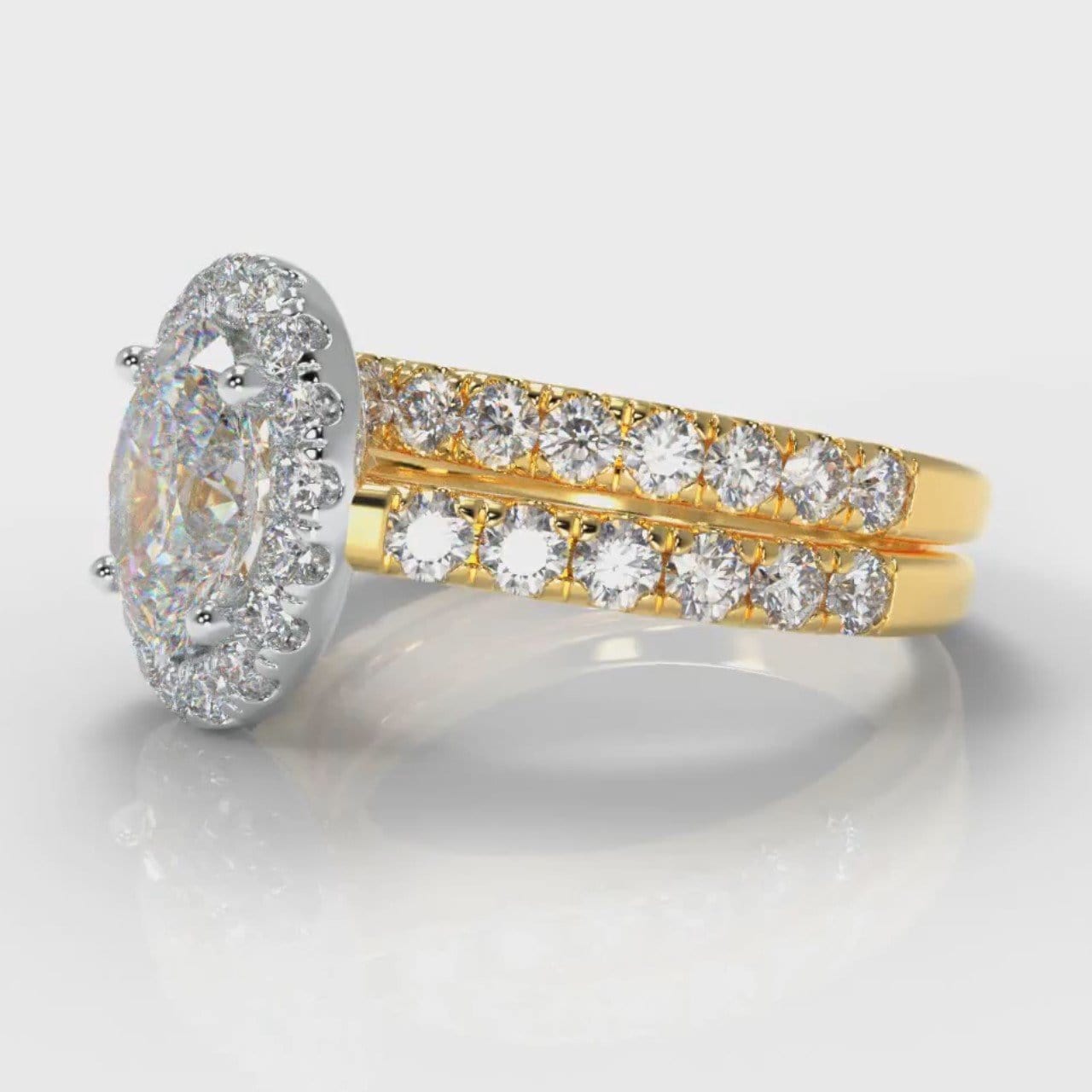Micropavé Oval Diamond Halo Bridal Set - Two Tone Yellow Gold