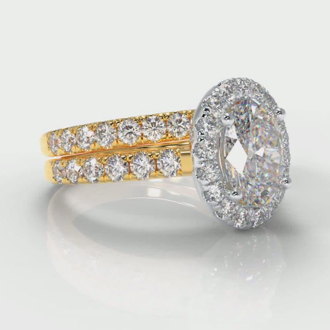 Micropavé Oval Diamond Halo Bridal Set - Two Tone Yellow Gold