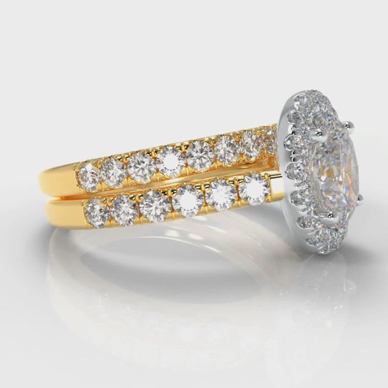 Micropavé Oval Diamond Halo Bridal Set - Two Tone Yellow Gold