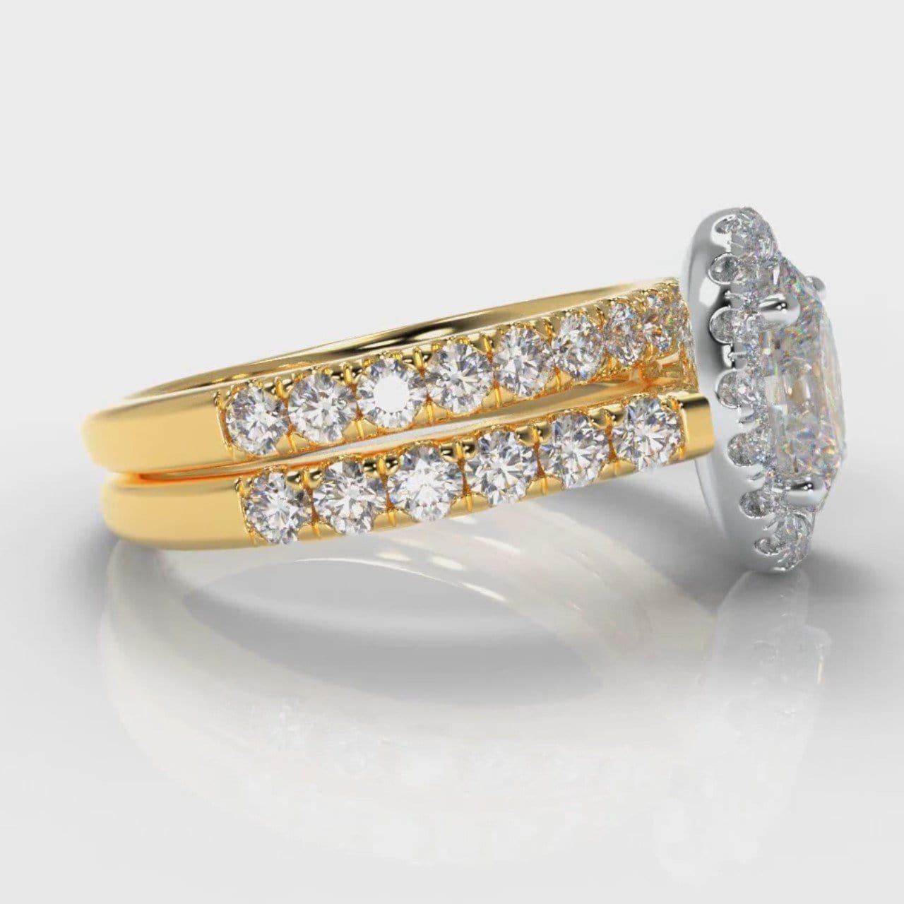 Micropavé Oval Diamond Halo Bridal Set - Two Tone Yellow Gold
