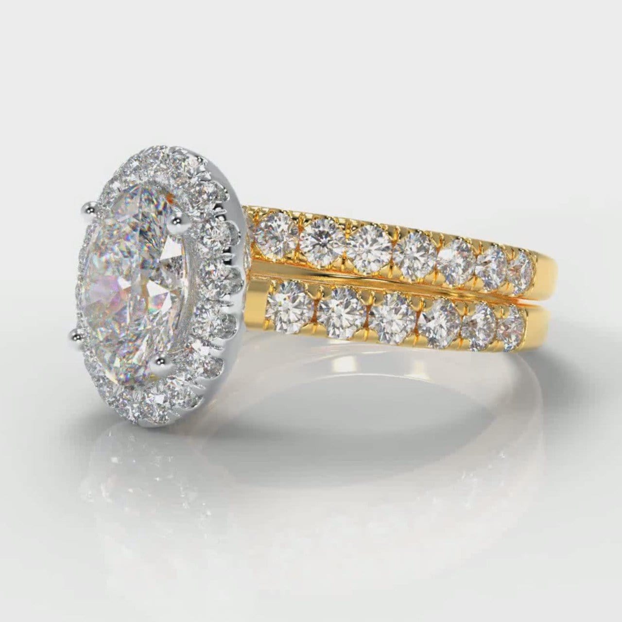 Micropavé Oval Diamond Halo Bridal Set - Two Tone Yellow Gold