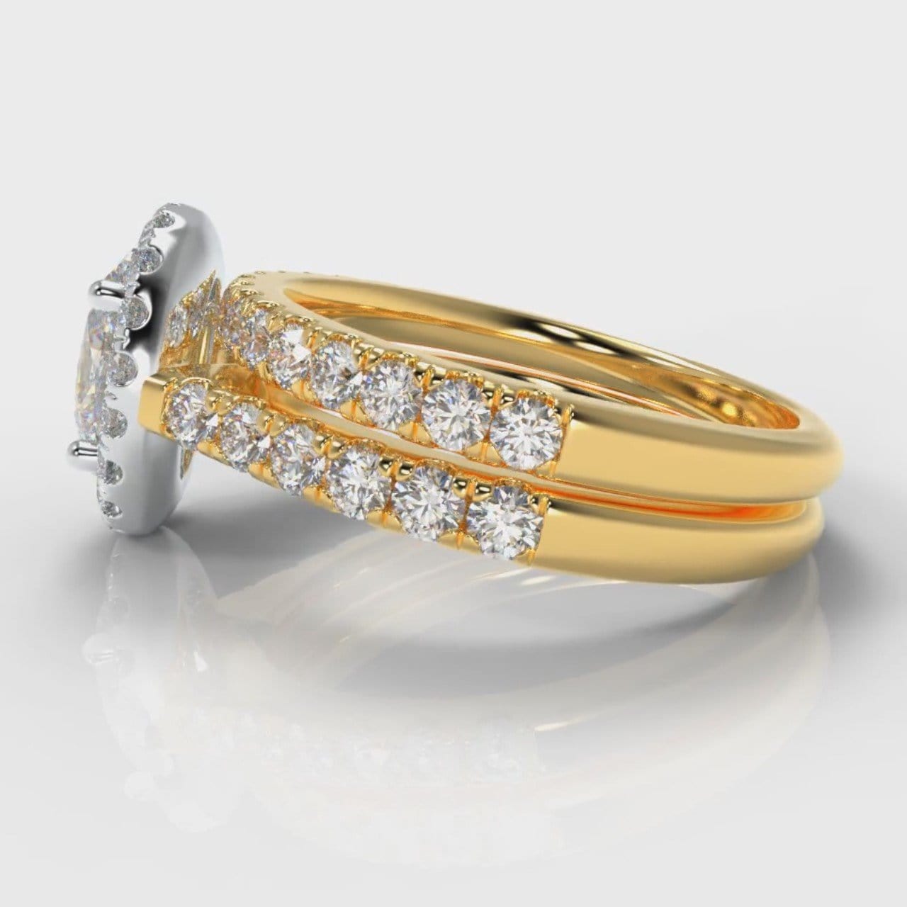 Micropavé Oval Diamond Halo Bridal Set - Two Tone Yellow Gold