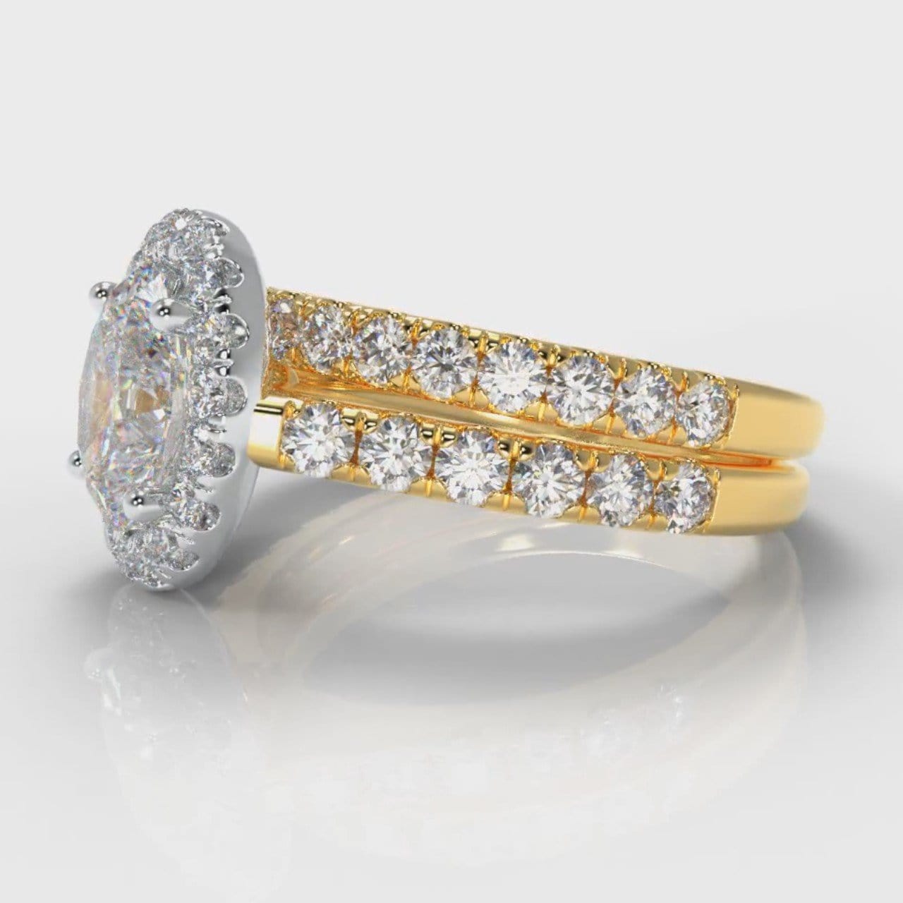 Micropavé Oval Diamond Halo Bridal Set - Two Tone Yellow Gold