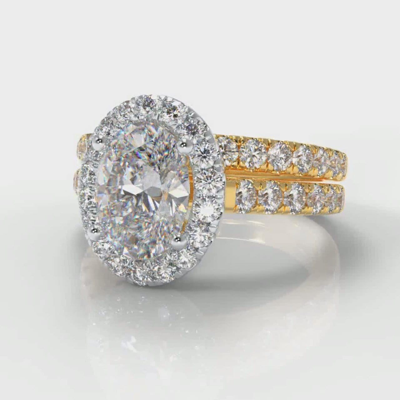 Micropavé Oval Diamond Halo Bridal Set - Two Tone Yellow Gold