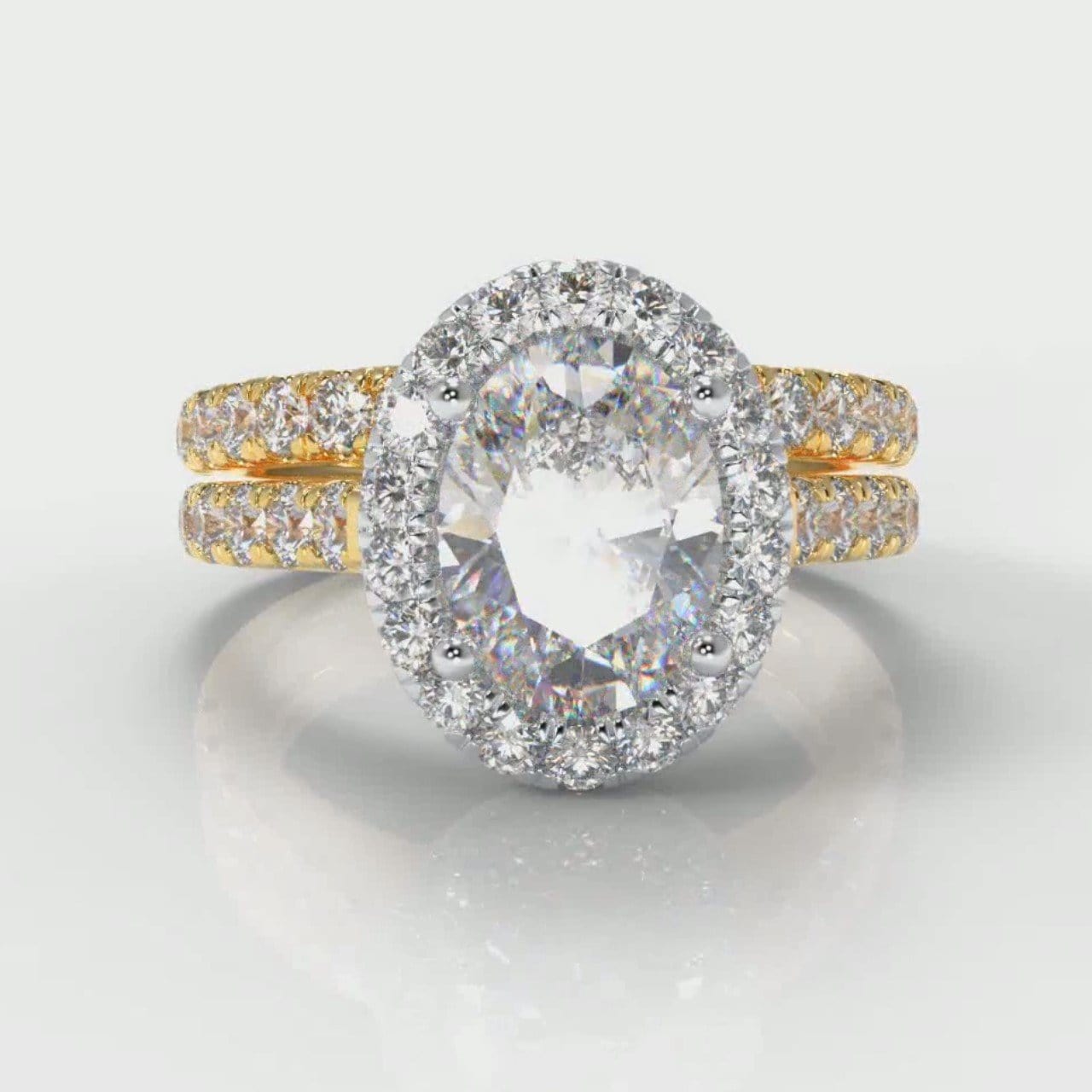 Micropavé Oval Diamond Halo Bridal Set - Two Tone Yellow Gold