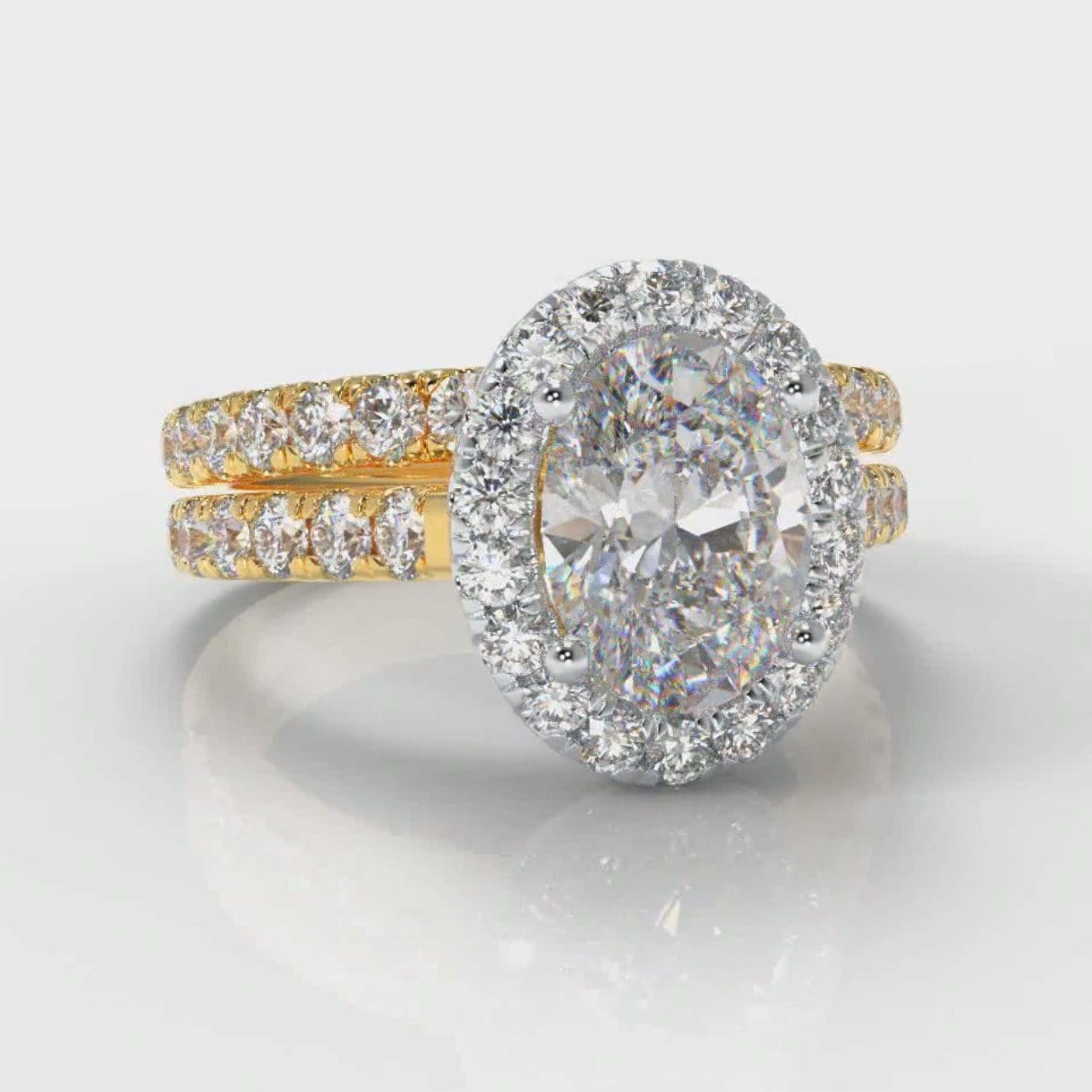 Micropavé Oval Diamond Halo Bridal Set - Two Tone Yellow Gold