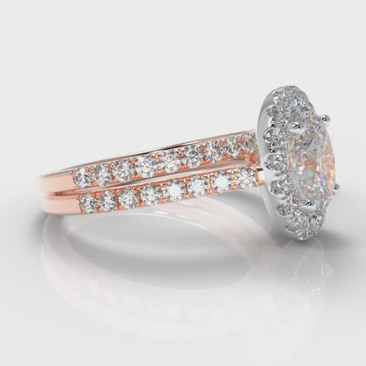 Petite Micropavé Oval Diamond Halo Bridal Set - Two Tone Rose Gold