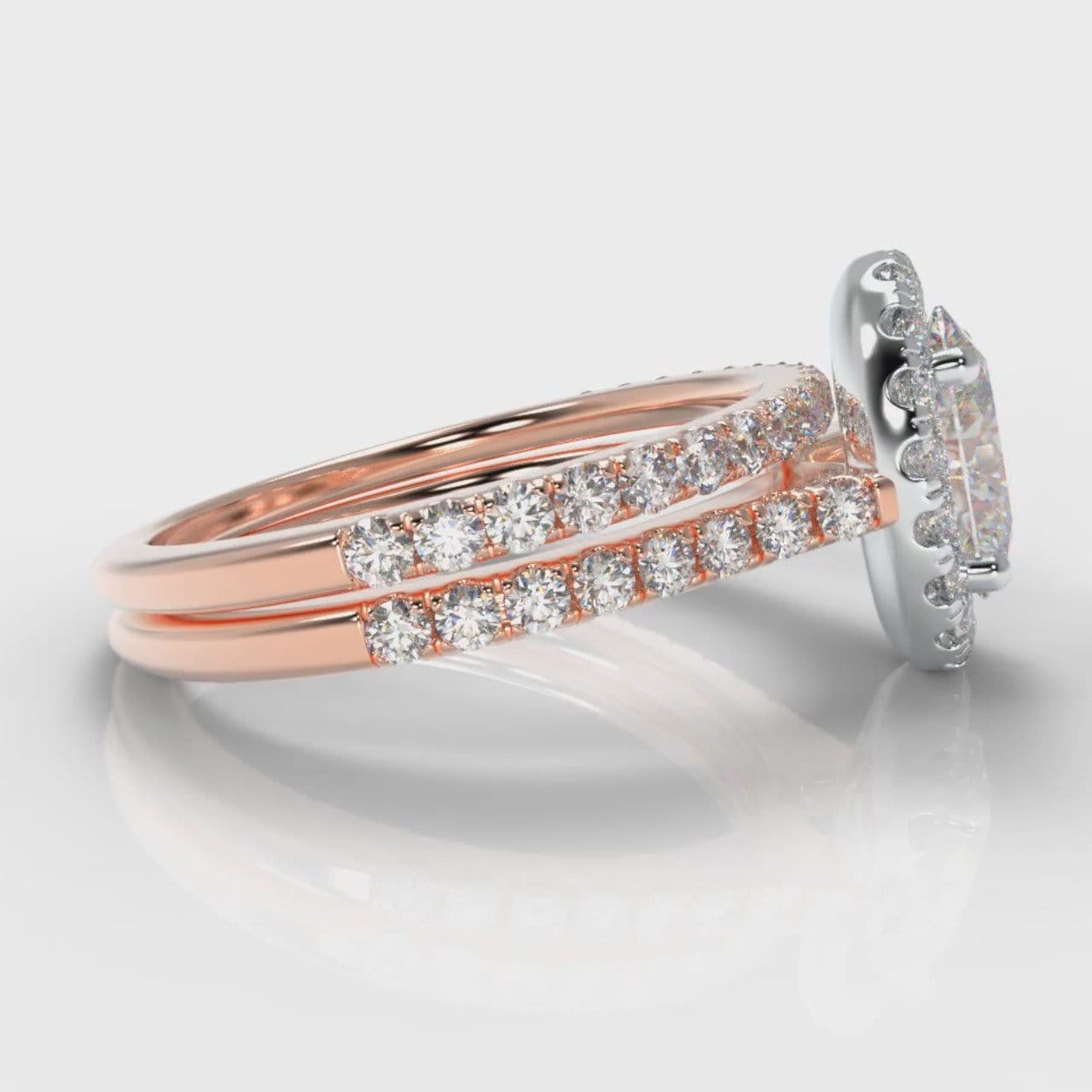 Petite Micropavé Oval Diamond Halo Bridal Set - Two Tone Rose Gold