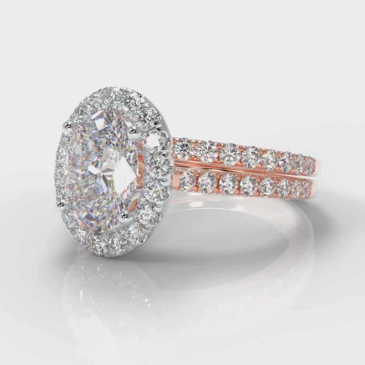 Petite Micropavé Oval Diamond Halo Bridal Set - Two Tone Rose Gold