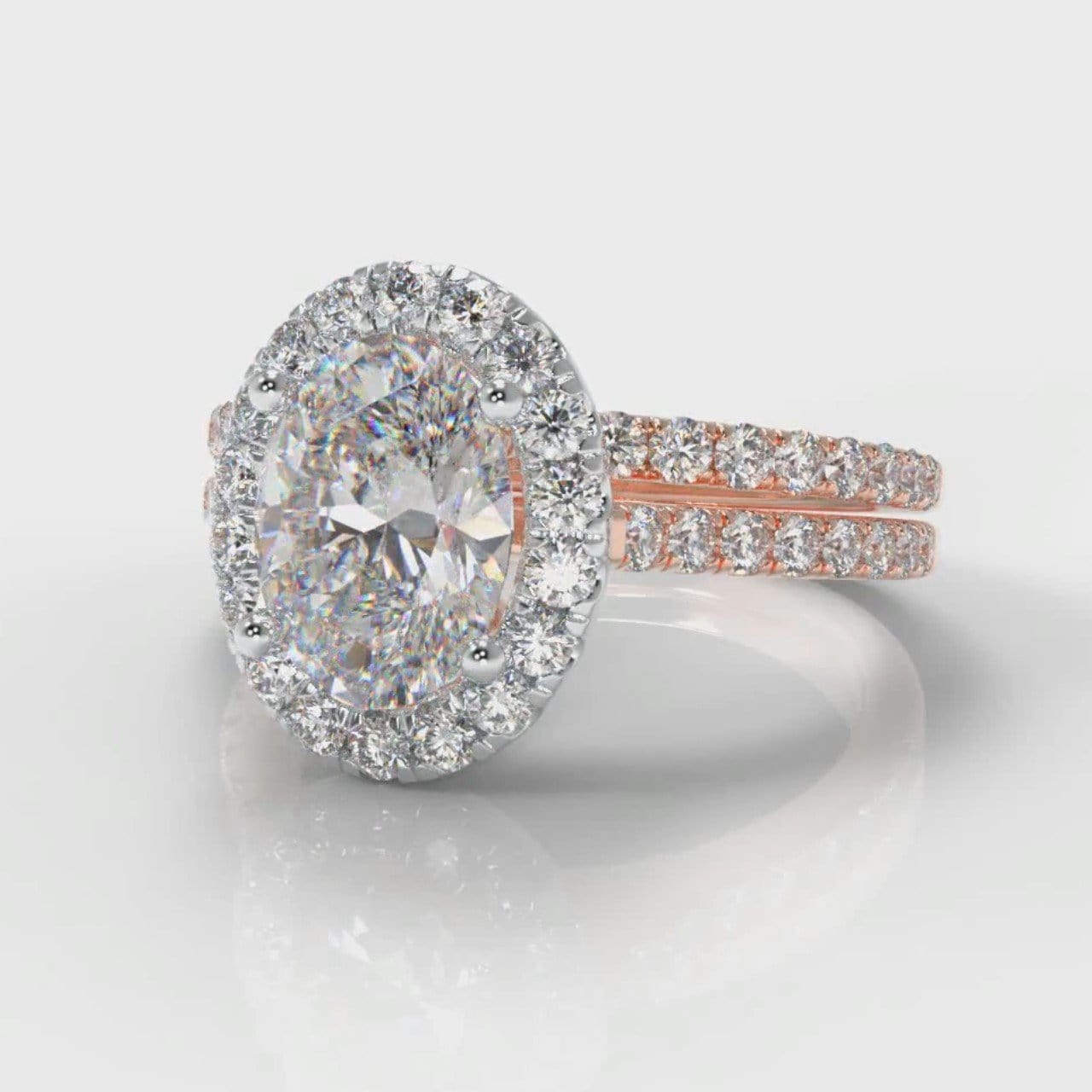 Petite Micropavé Oval Diamond Halo Bridal Set - Two Tone Rose Gold