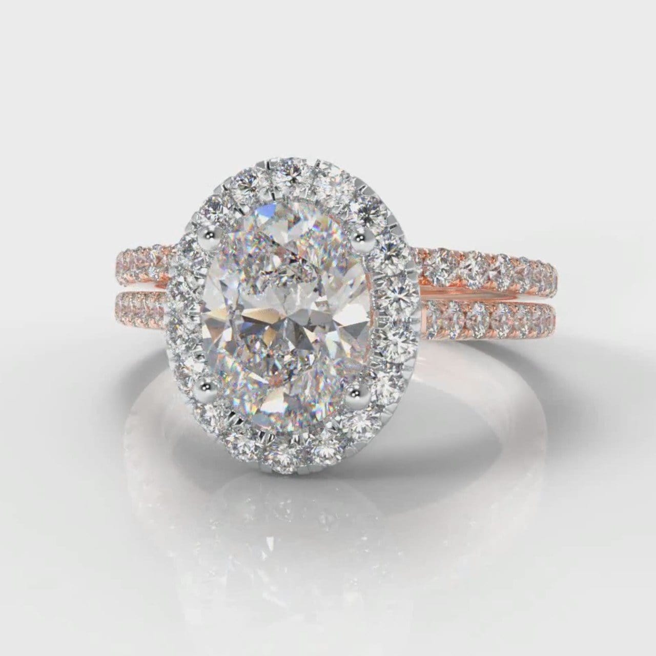 Petite Micropavé Oval Diamond Halo Bridal Set - Two Tone Rose Gold