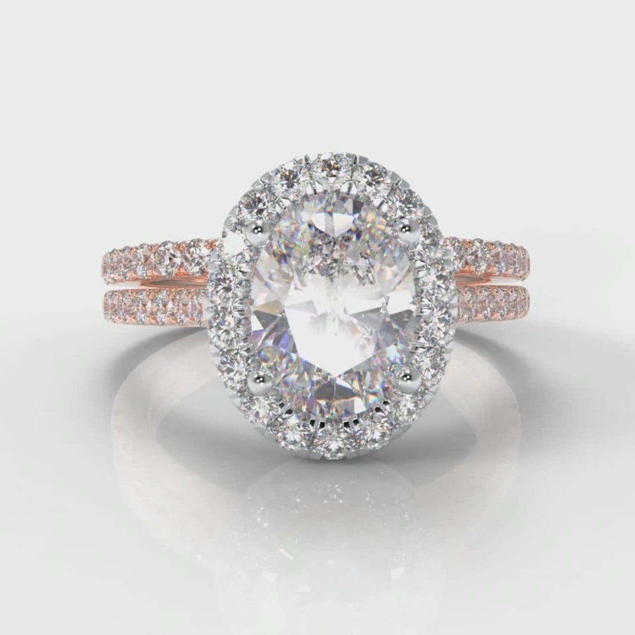 Petite Micropavé Oval Diamond Halo Bridal Set - Two Tone Rose Gold