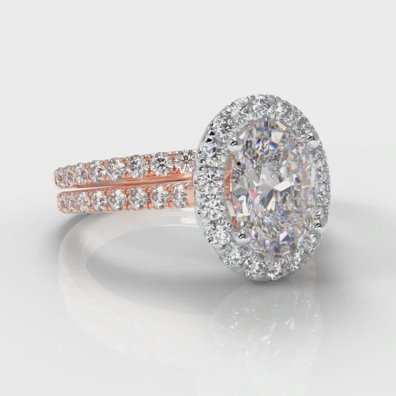 Petite Micropavé Oval Diamond Halo Bridal Set - Two Tone Rose Gold