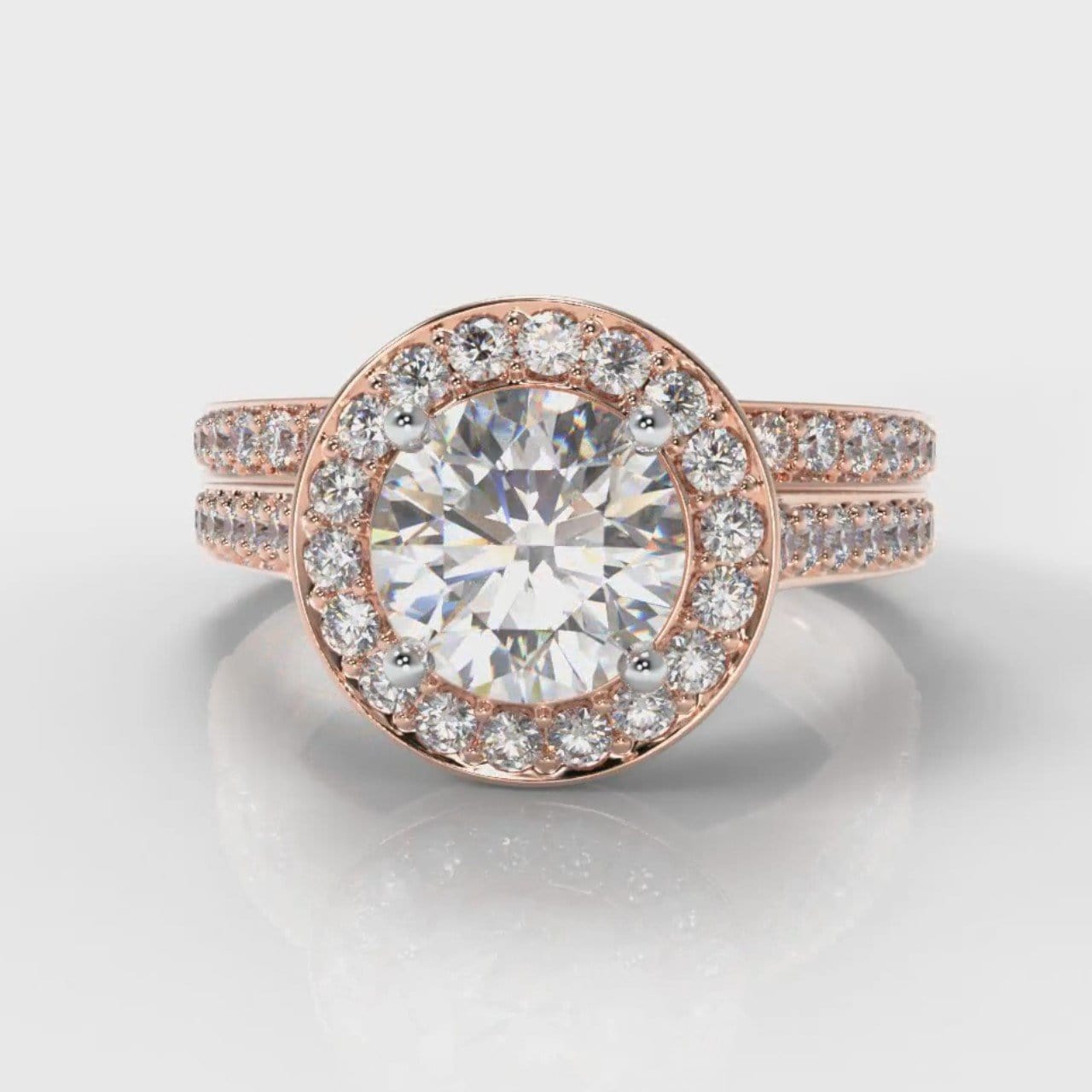 Pavé Round Brilliant Diamond Halo Bridal Set - Rose Gold