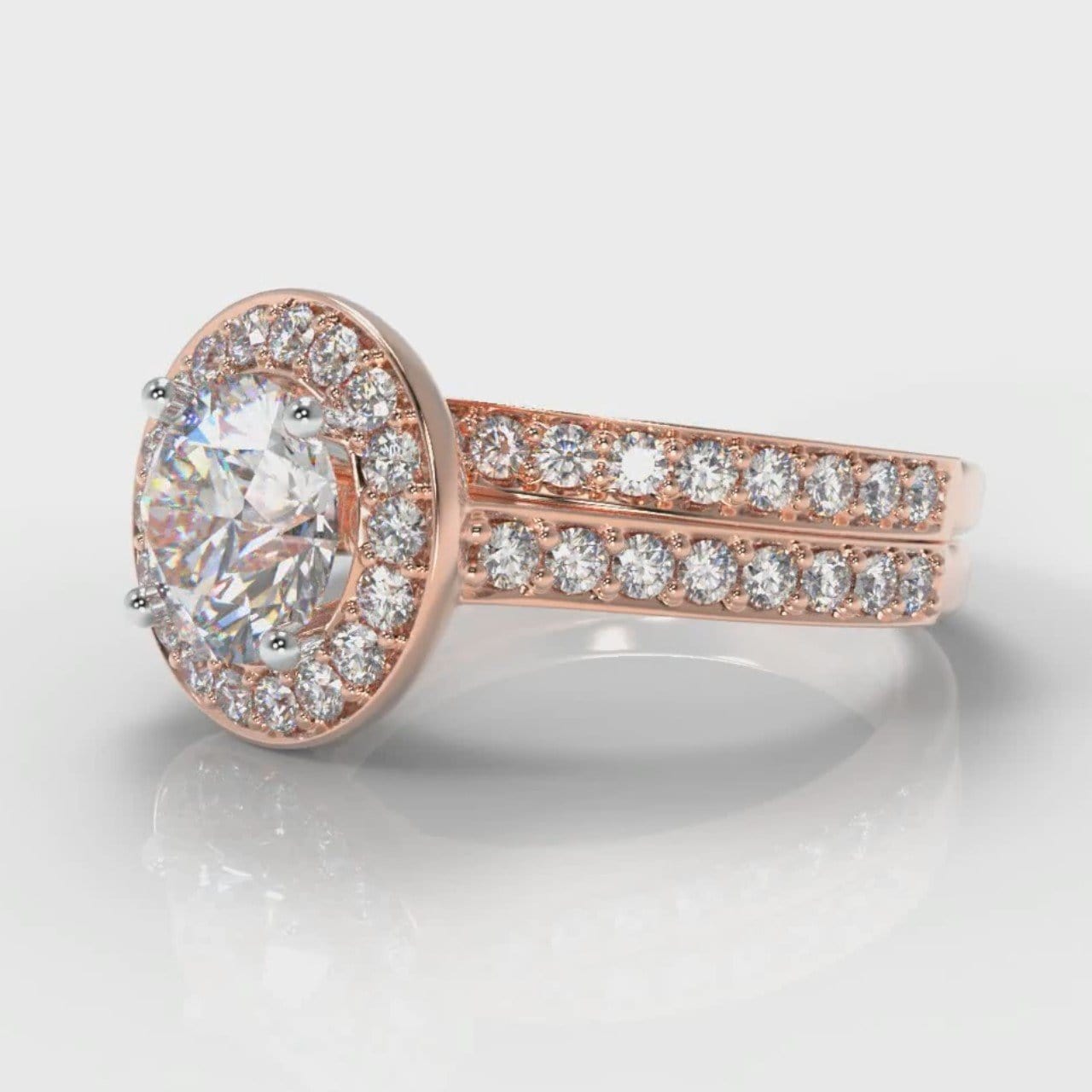 Pavé Round Brilliant Diamond Halo Bridal Set - Rose Gold