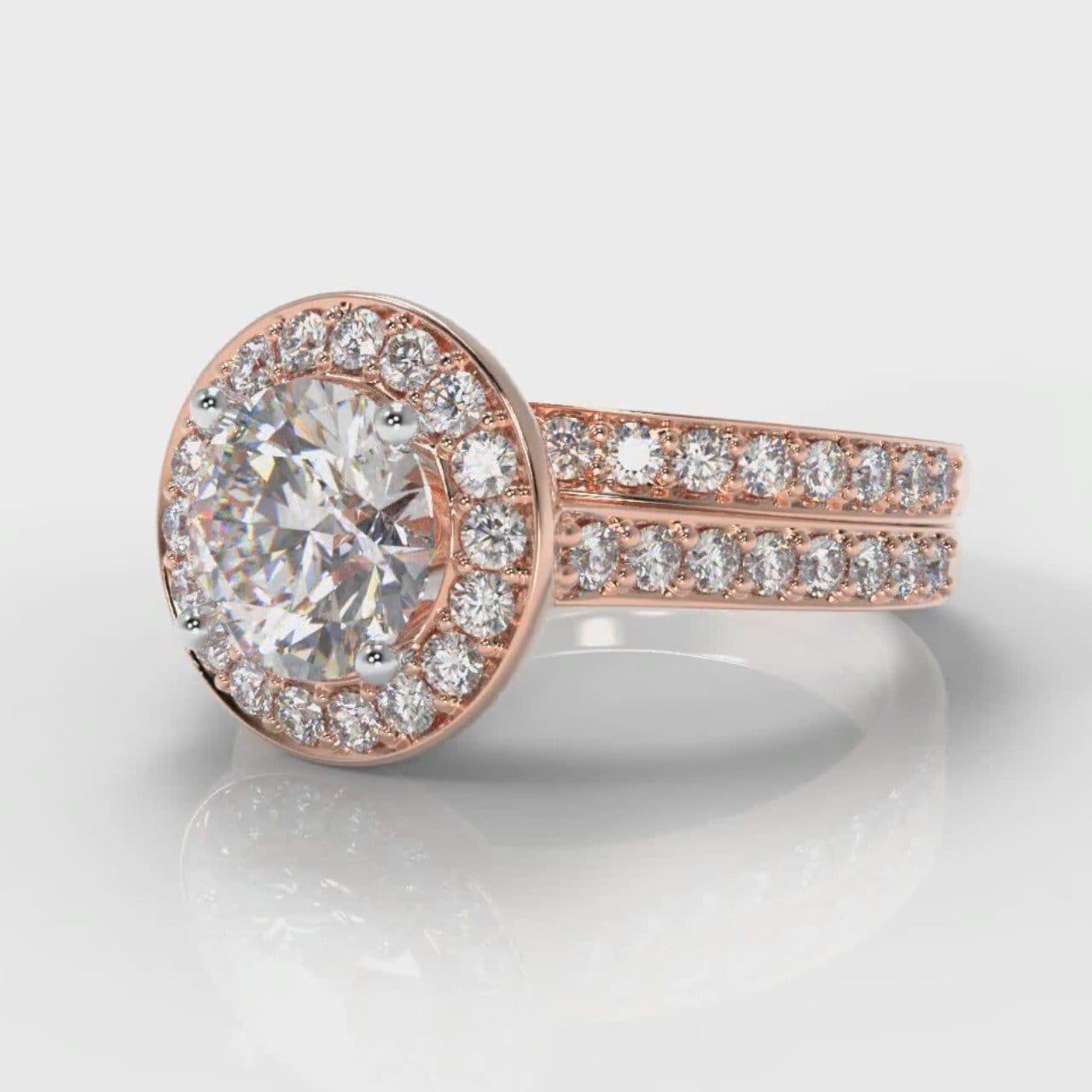 Pavé Round Brilliant Diamond Halo Bridal Set - Rose Gold
