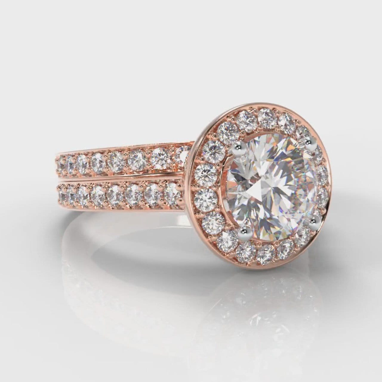 Pavé Round Brilliant Diamond Halo Bridal Set - Rose Gold